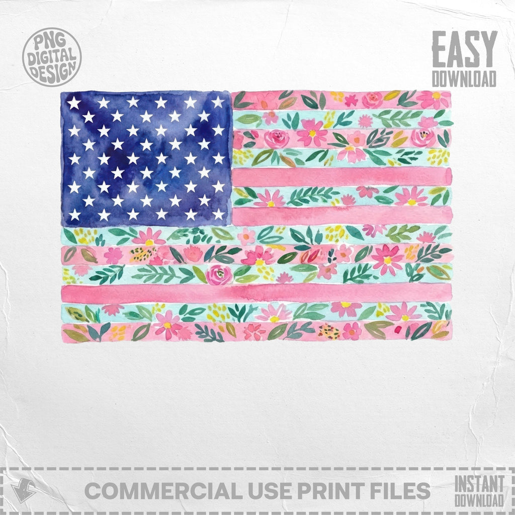 Watercolor American flag with floral pattern, "EASY DOWNLOAD" at top right.