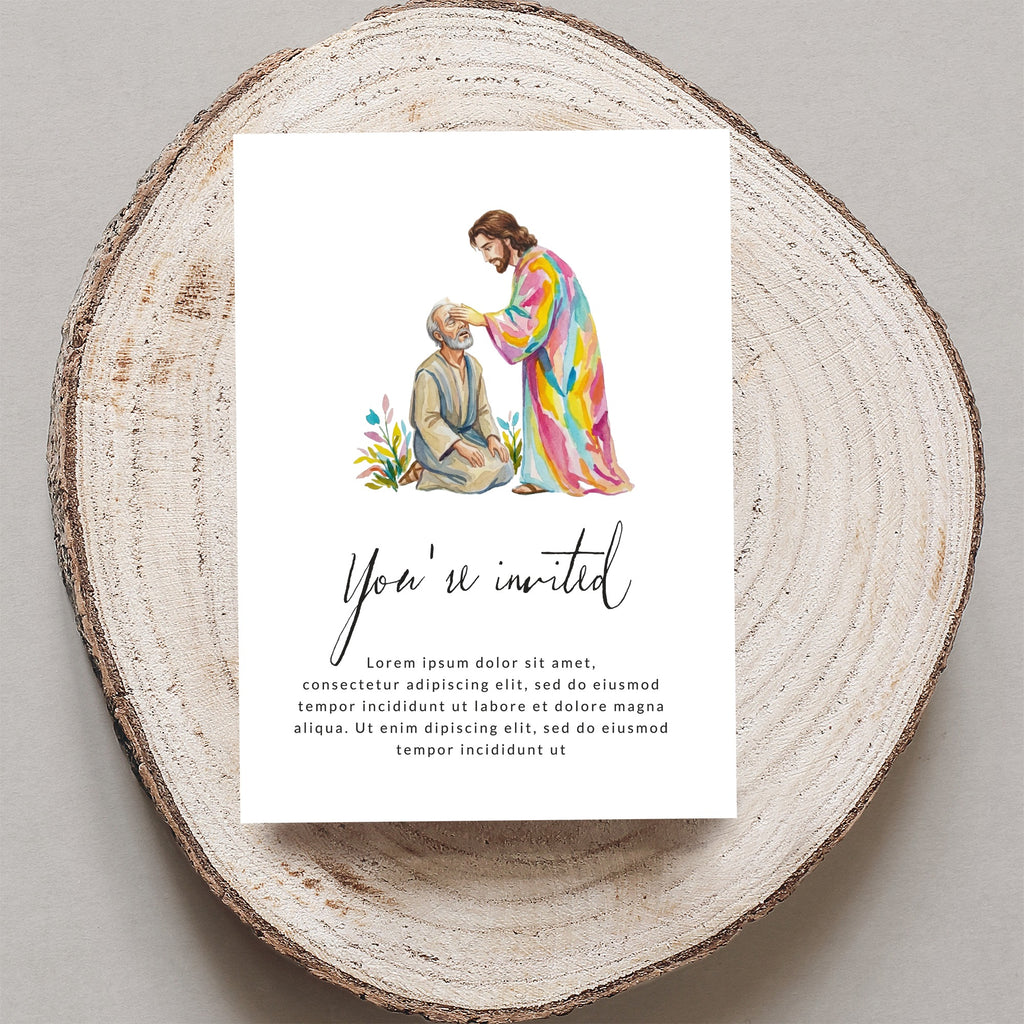 Invitation with Jesus healing a man, "You're invited" text, and placeholder text.