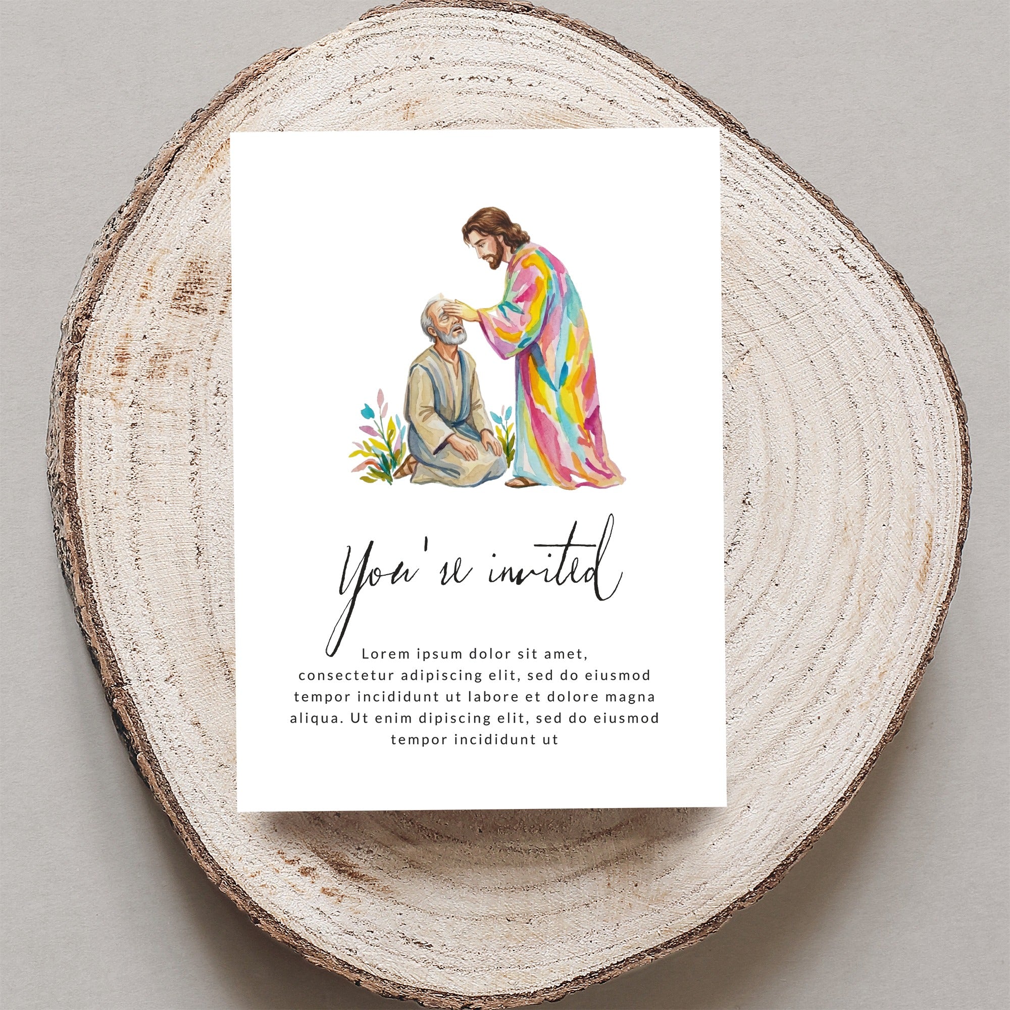 Invitation with Jesus healing a man, "You're invited" text, and placeholder text.