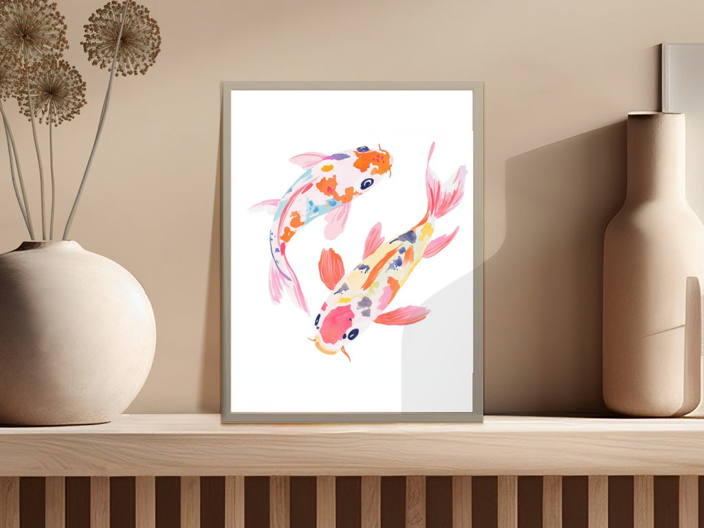 Two colorful koi fish swim together in a painting.