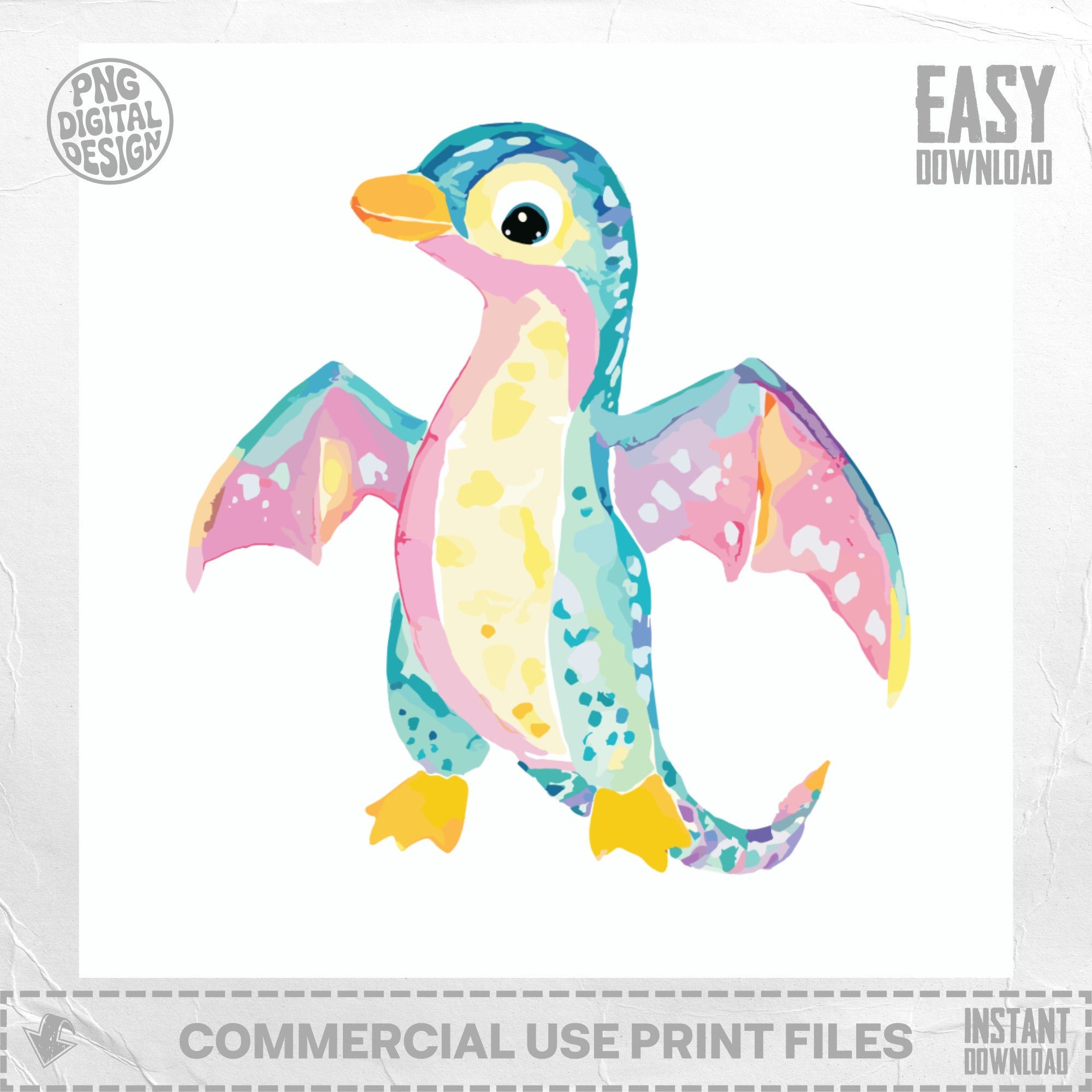 Watercolor illustration of a cute, colorful baby dragon with wings spread.