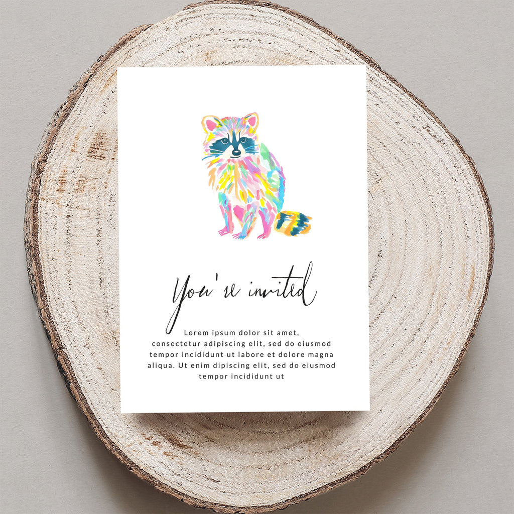 Greeting card with colorful watercolor raccoon and "You're invited" text.