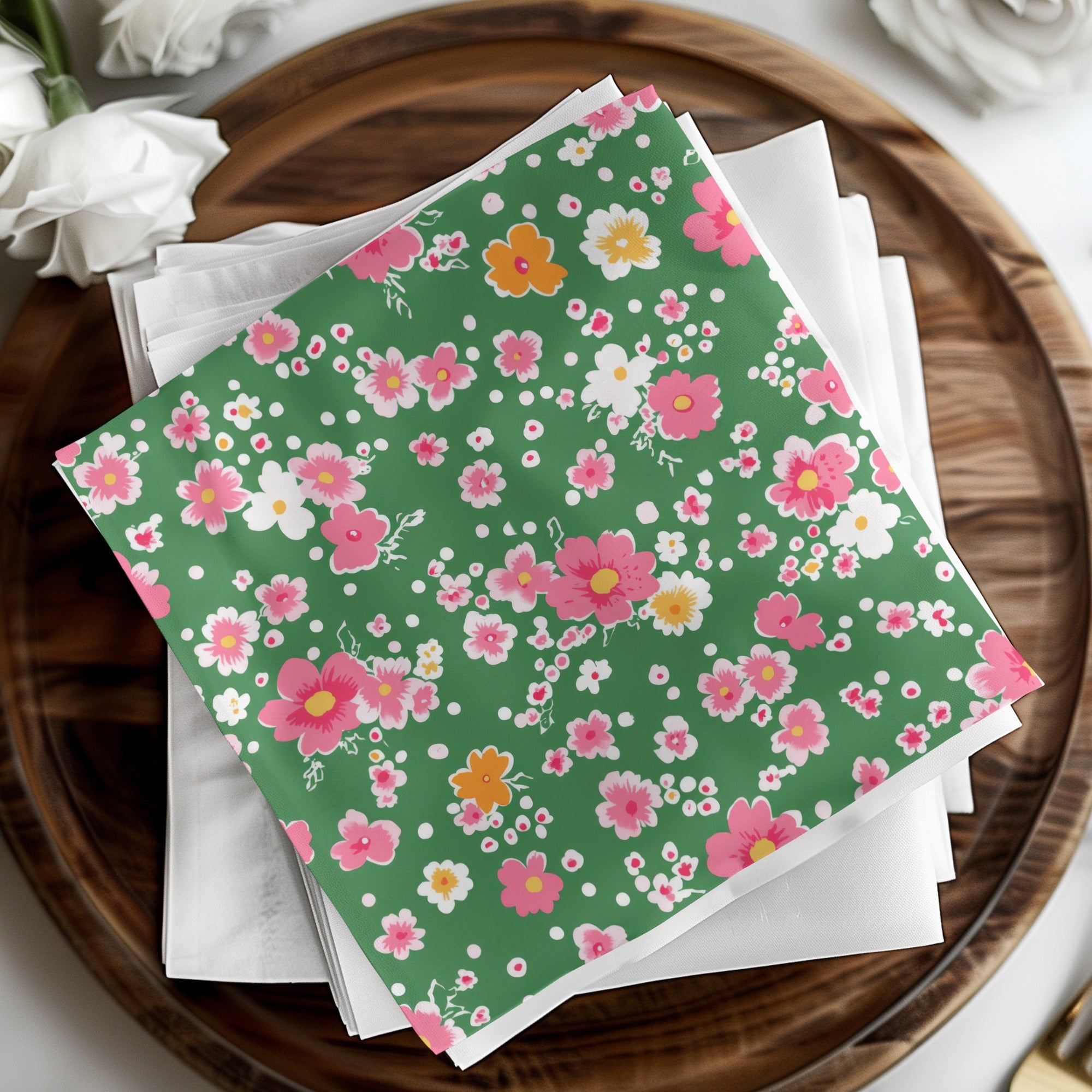 Green and Pink Floral Design on Square Napkins