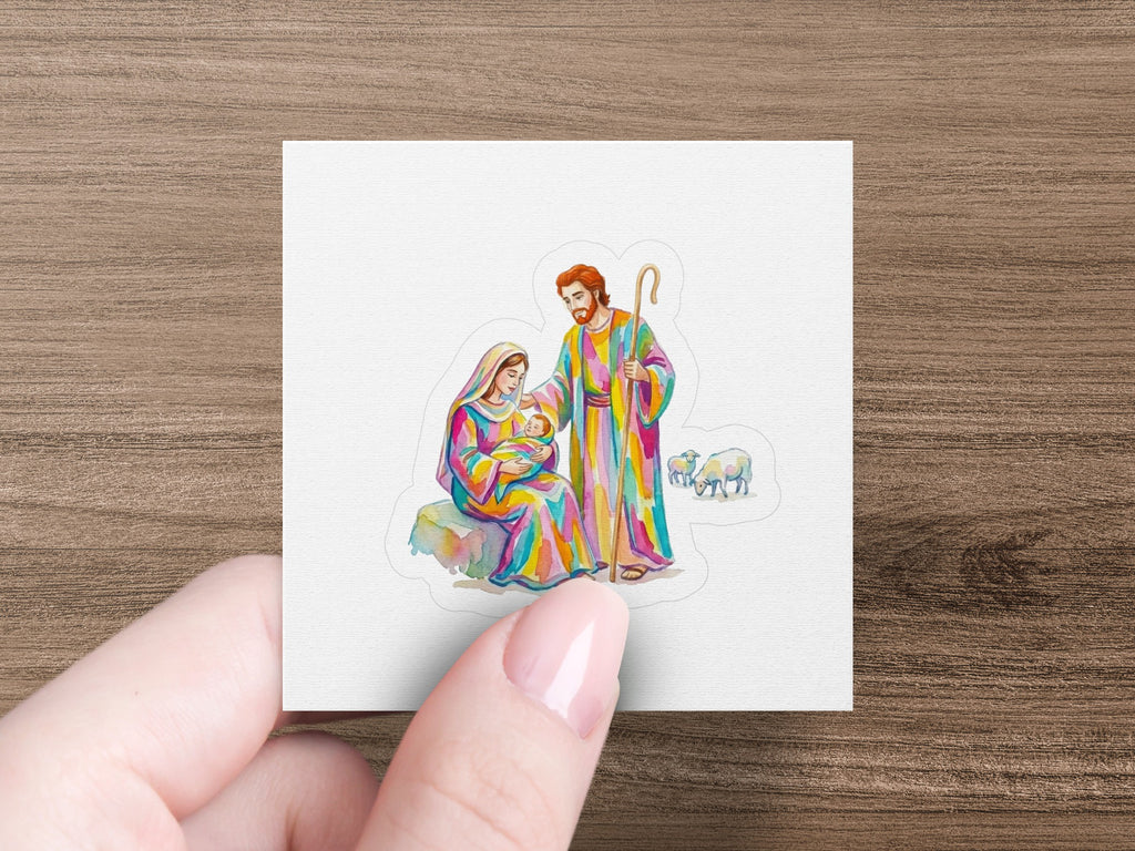 Nativity scene with Mary, Joseph, baby Jesus, and sheep.