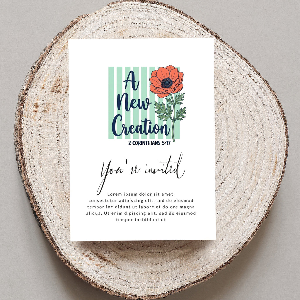 Invitation with "A New Creation" and floral design.
