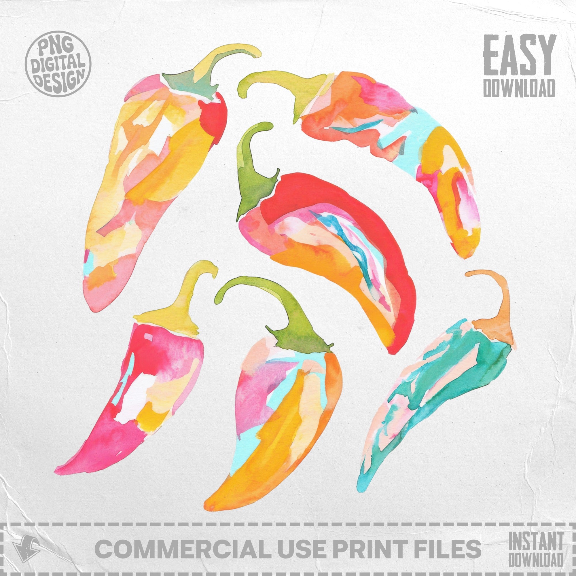 Watercolor illustration of seven colorful chili peppers with a "PNG Digital Design" overlay.