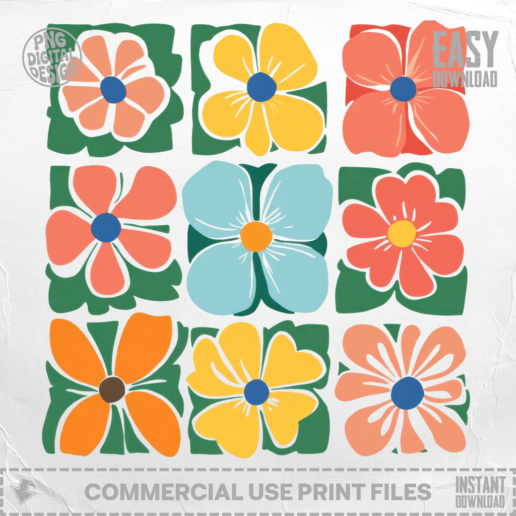 Nine colorful, abstract floral graphics arranged in a grid.