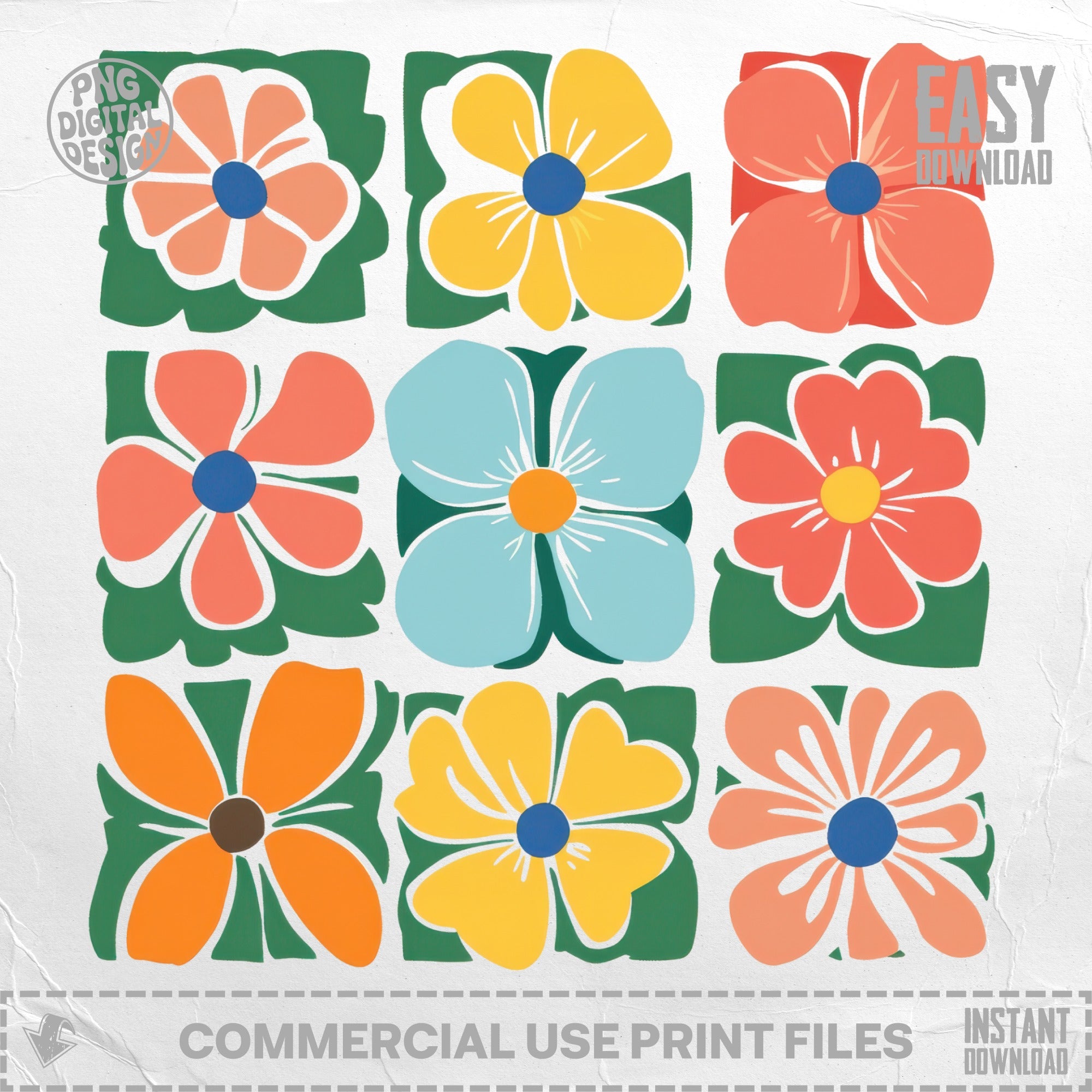 Nine colorful, abstract floral graphics arranged in a grid.