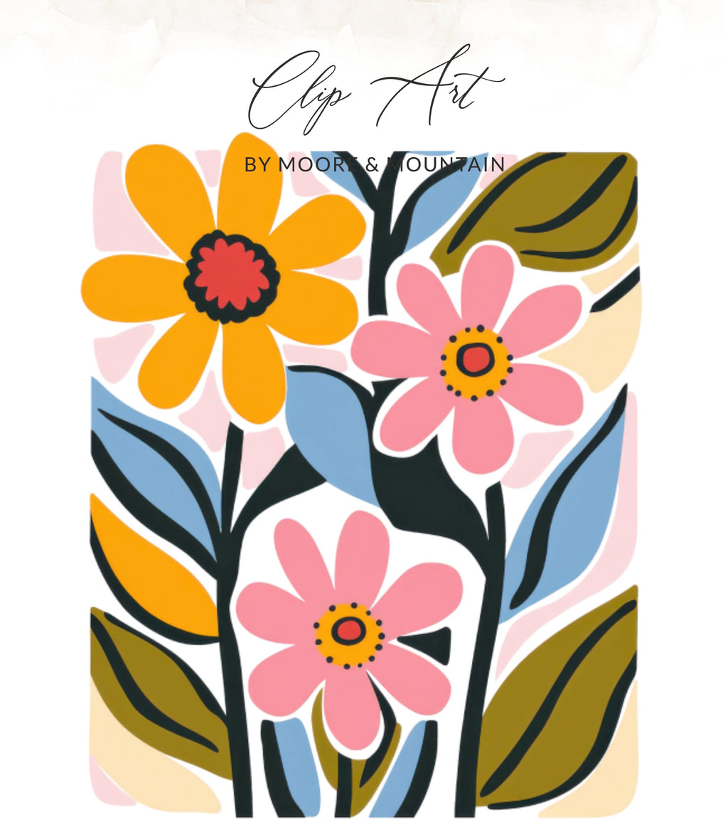 Abstract art with three colorful flowers and green leaves by Moor & Mountain.