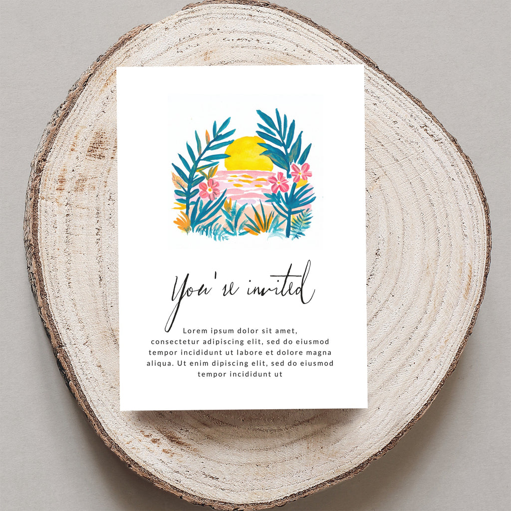 Invitation with tropical floral sunset design and placeholder text.