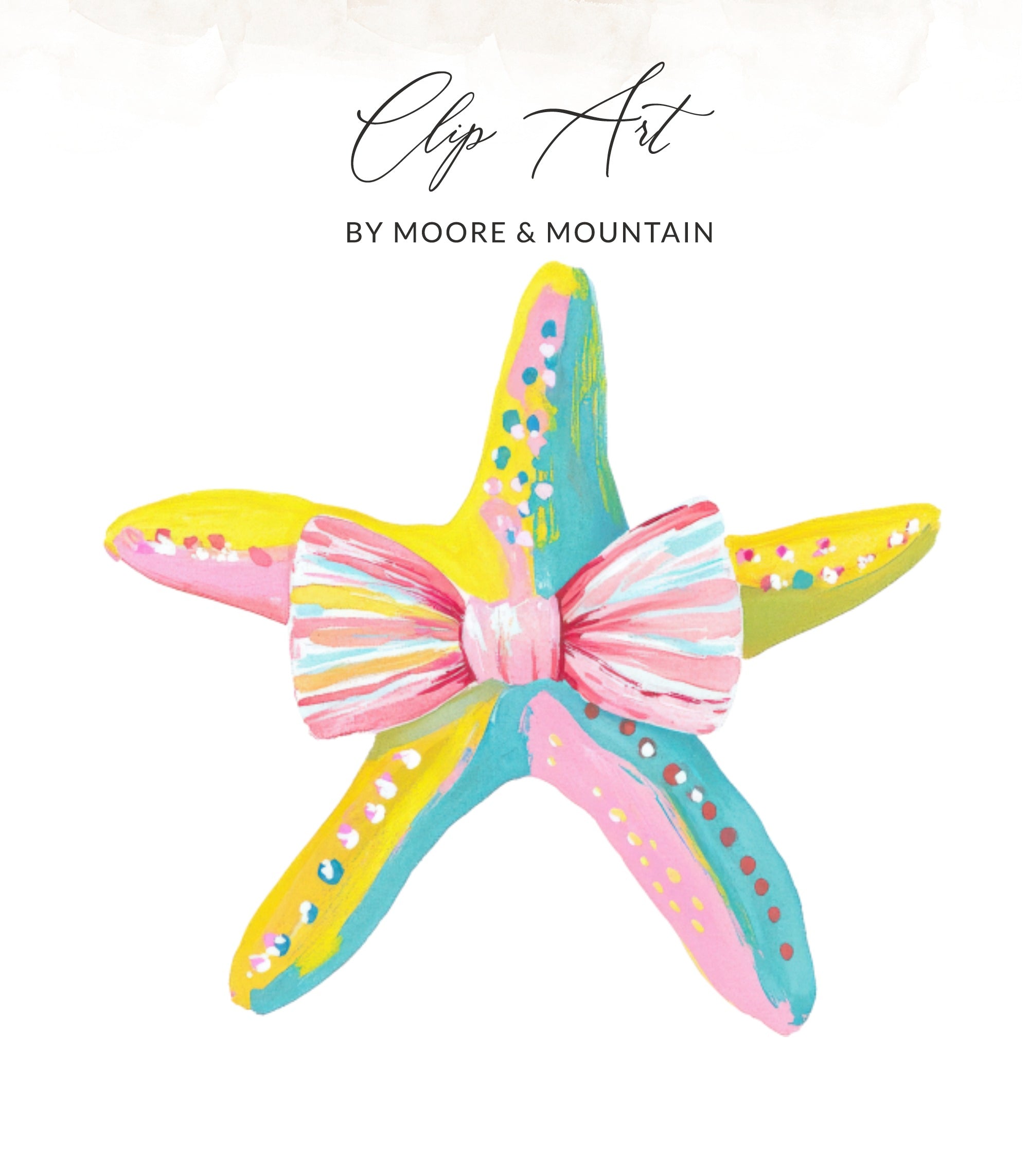 Colorful painted starfish with pink bow and white polka dots.