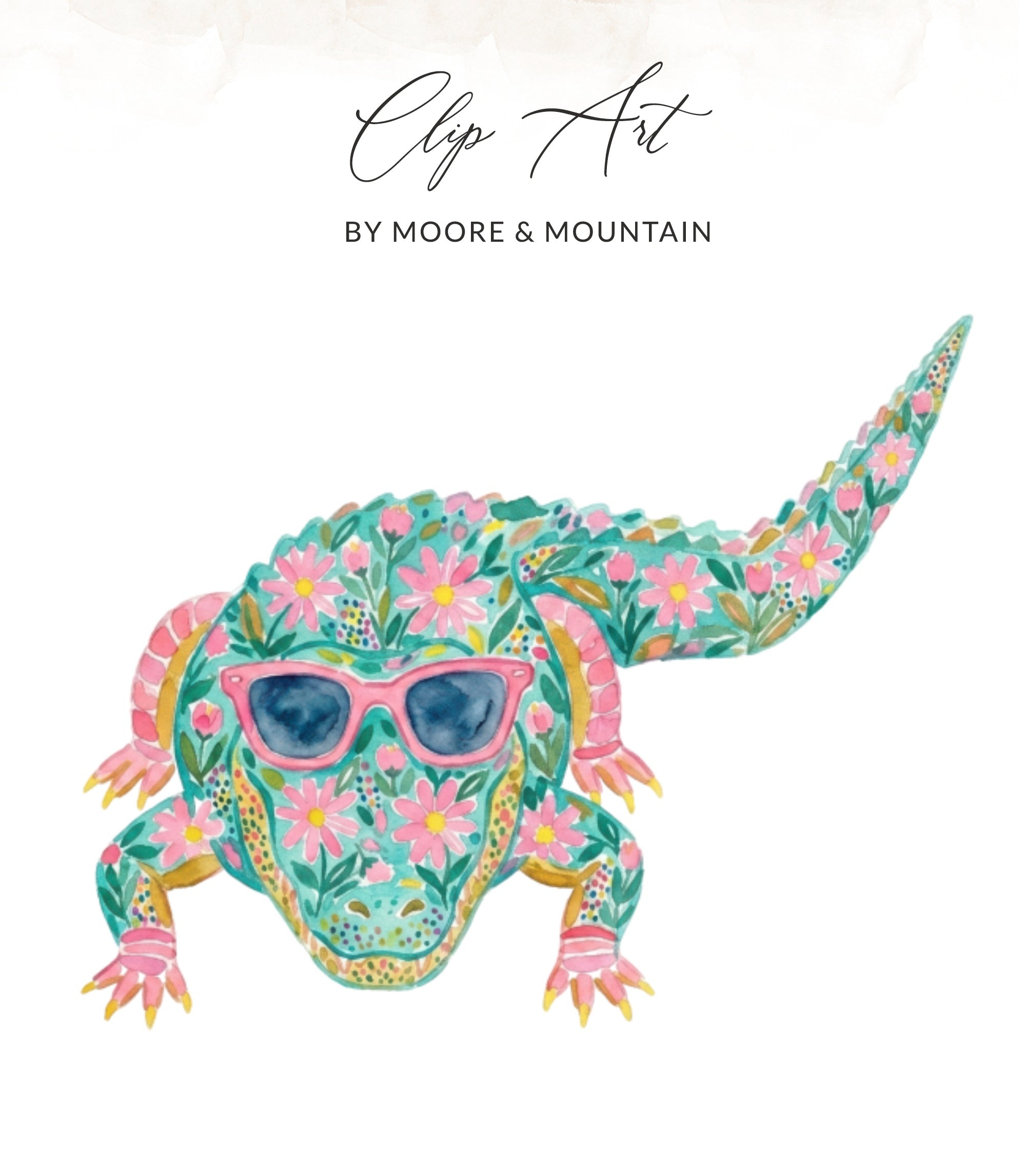 Alligator clip art with pink sunglasses and floral pattern.