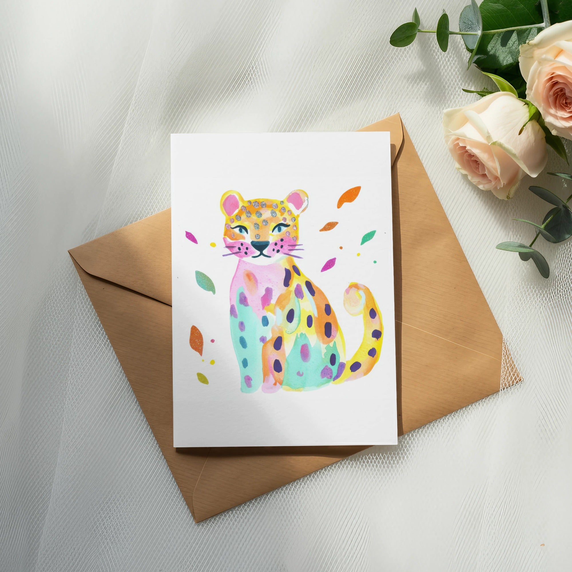 Watercolor illustration of a colorful leopard on a card with roses and eucalyptus.