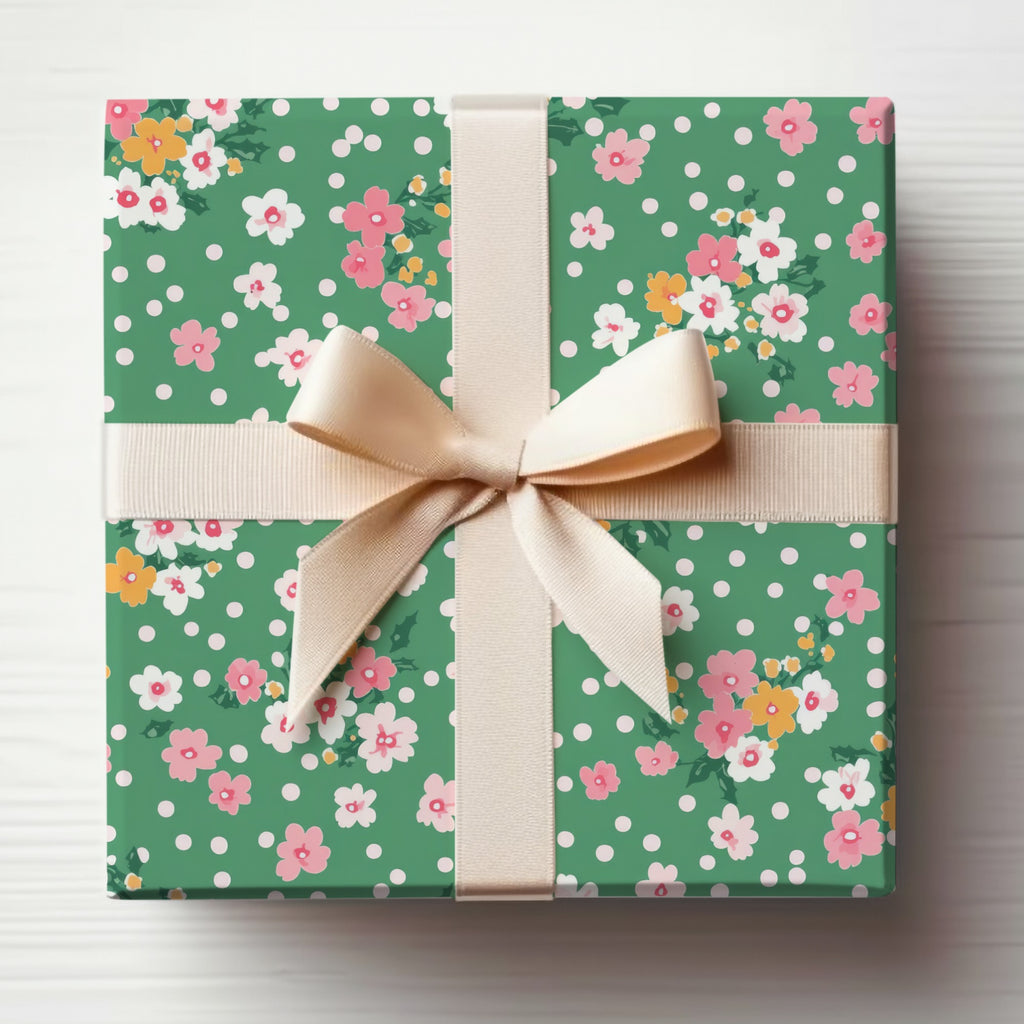 Green Floral Gift Wrap with Polka Dots Bow Product