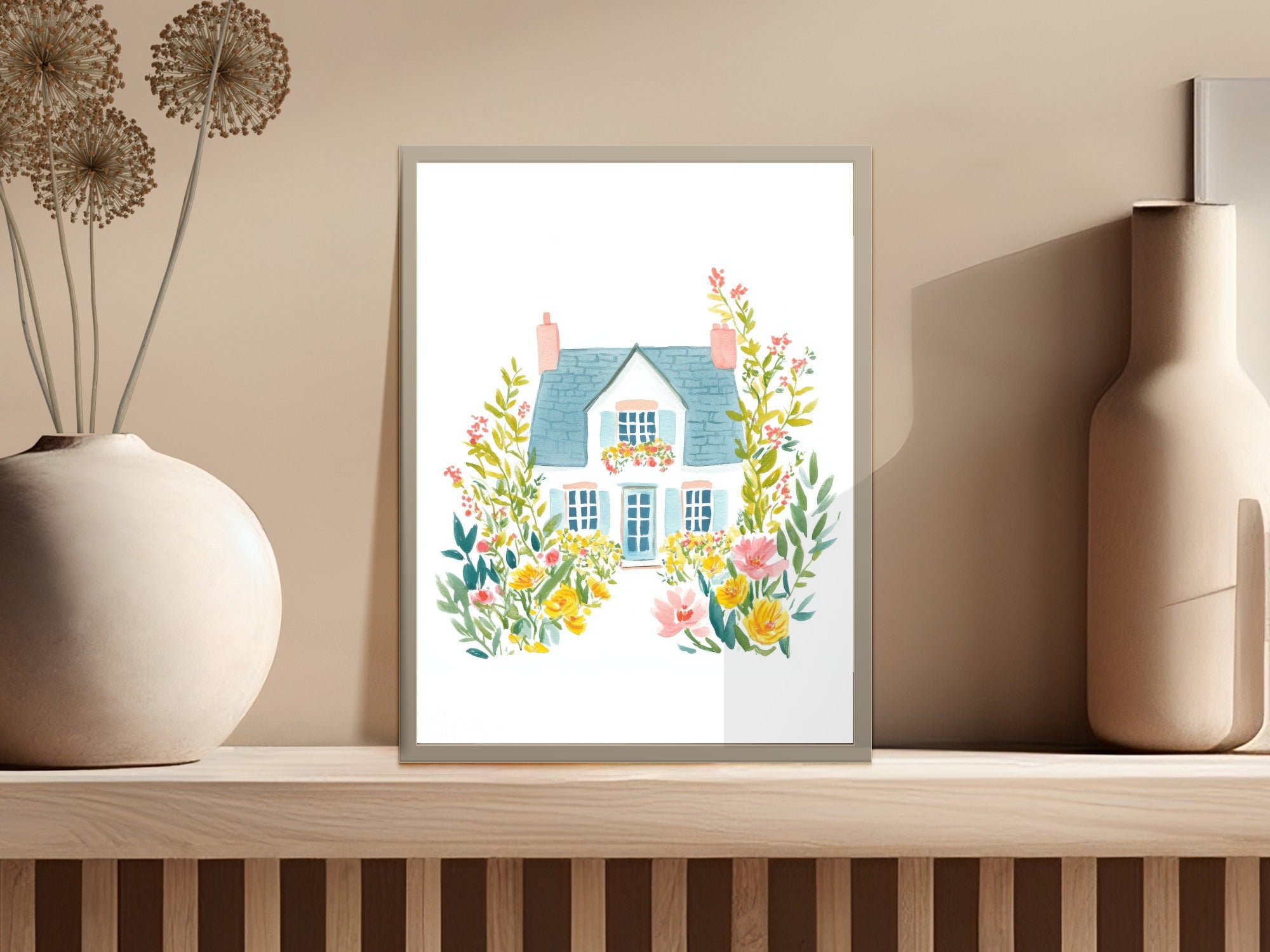 Watercolor illustration of a charming cottage surrounded by blooming flowers.