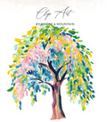 Watercolor tree with colorful leaves and "Clip Art BY MOORE & MOUNTAIN" text.