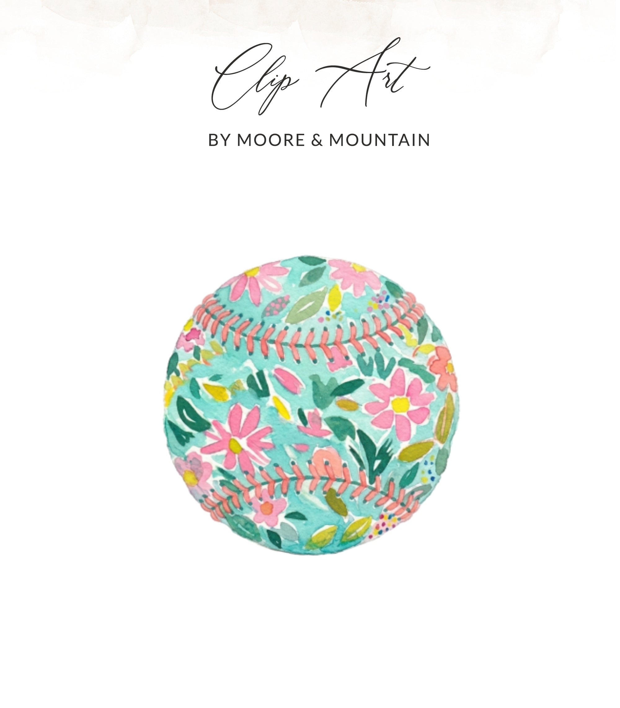 Watercolor baseball with floral pattern and "Clip Art by Moore & Mountain" text.