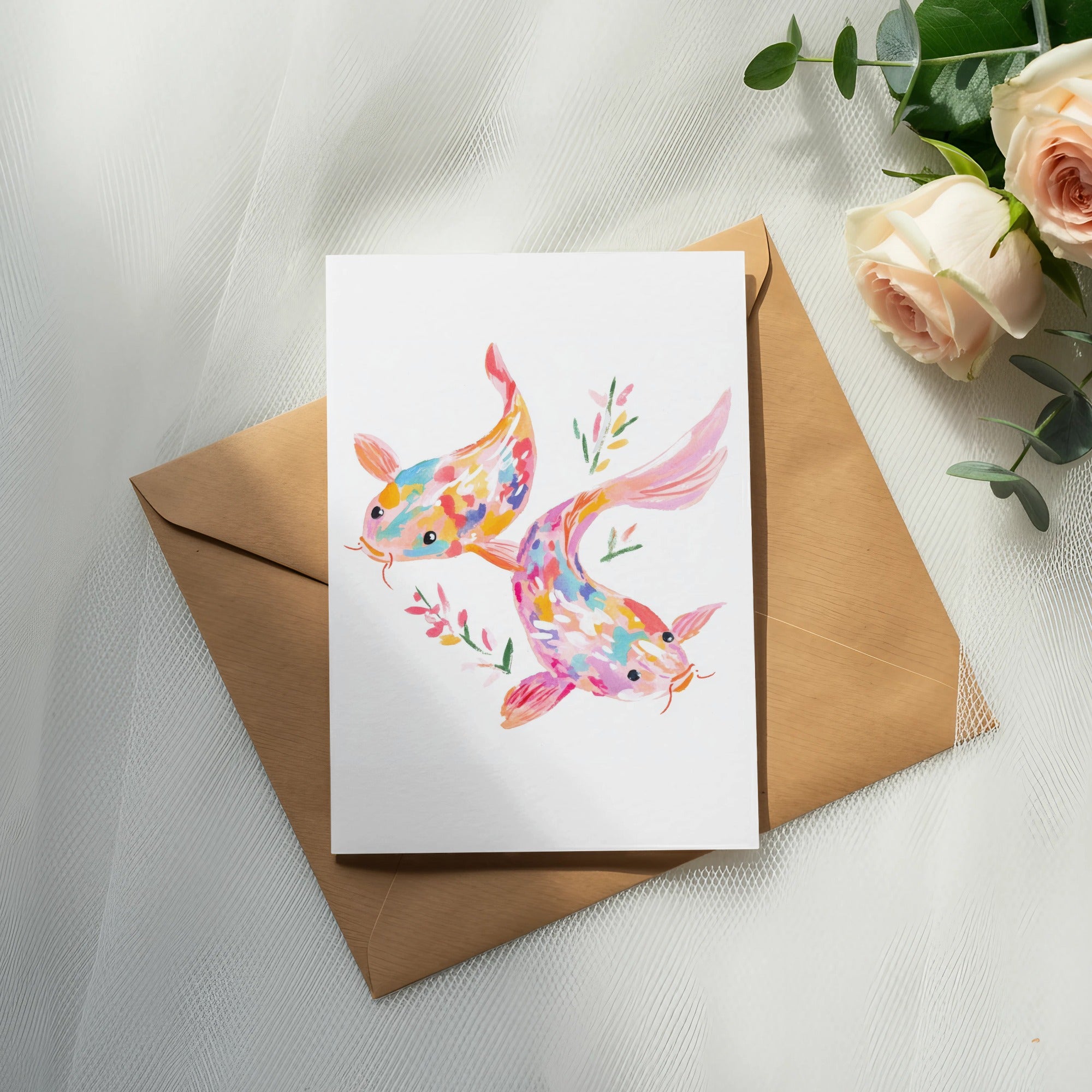 Two colorful koi fish illustration on a card resting on an envelope.