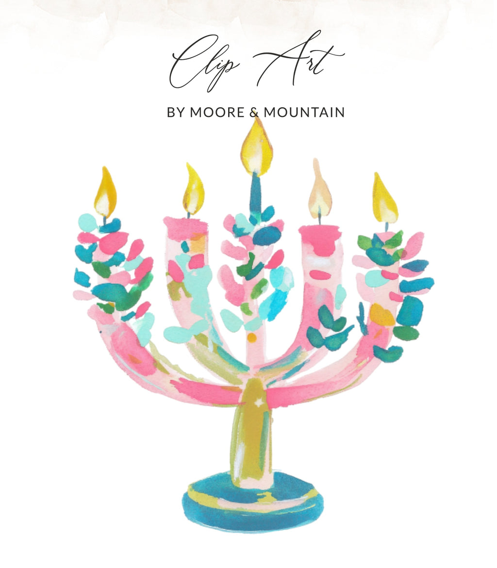 Colorful menorah with abstract painted details and text "Clip Art BY MOORE & MOUNTAIN".