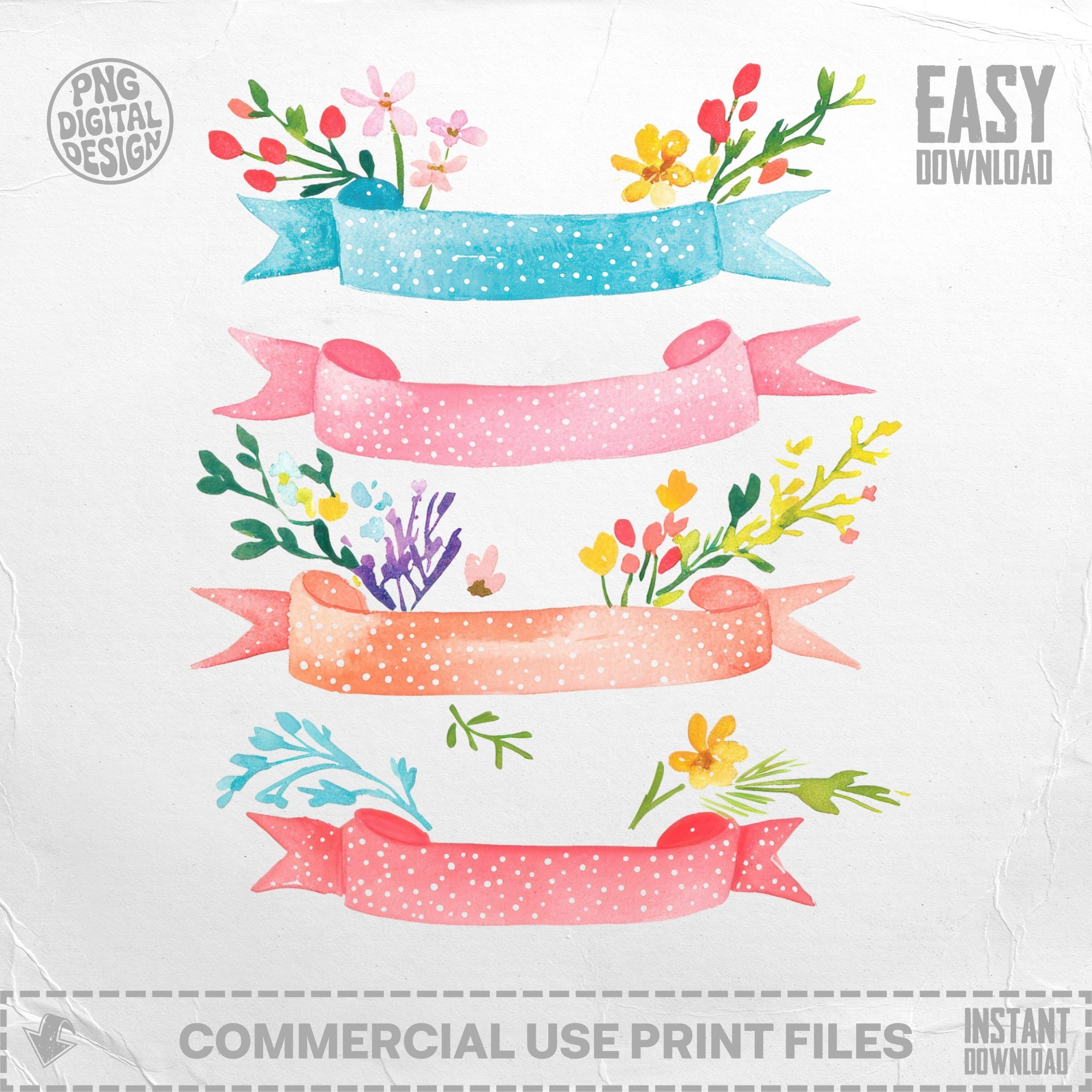 Watercolor floral banners with polka dots and leaves, "Easy Download" and "Commercial Use Print Files".