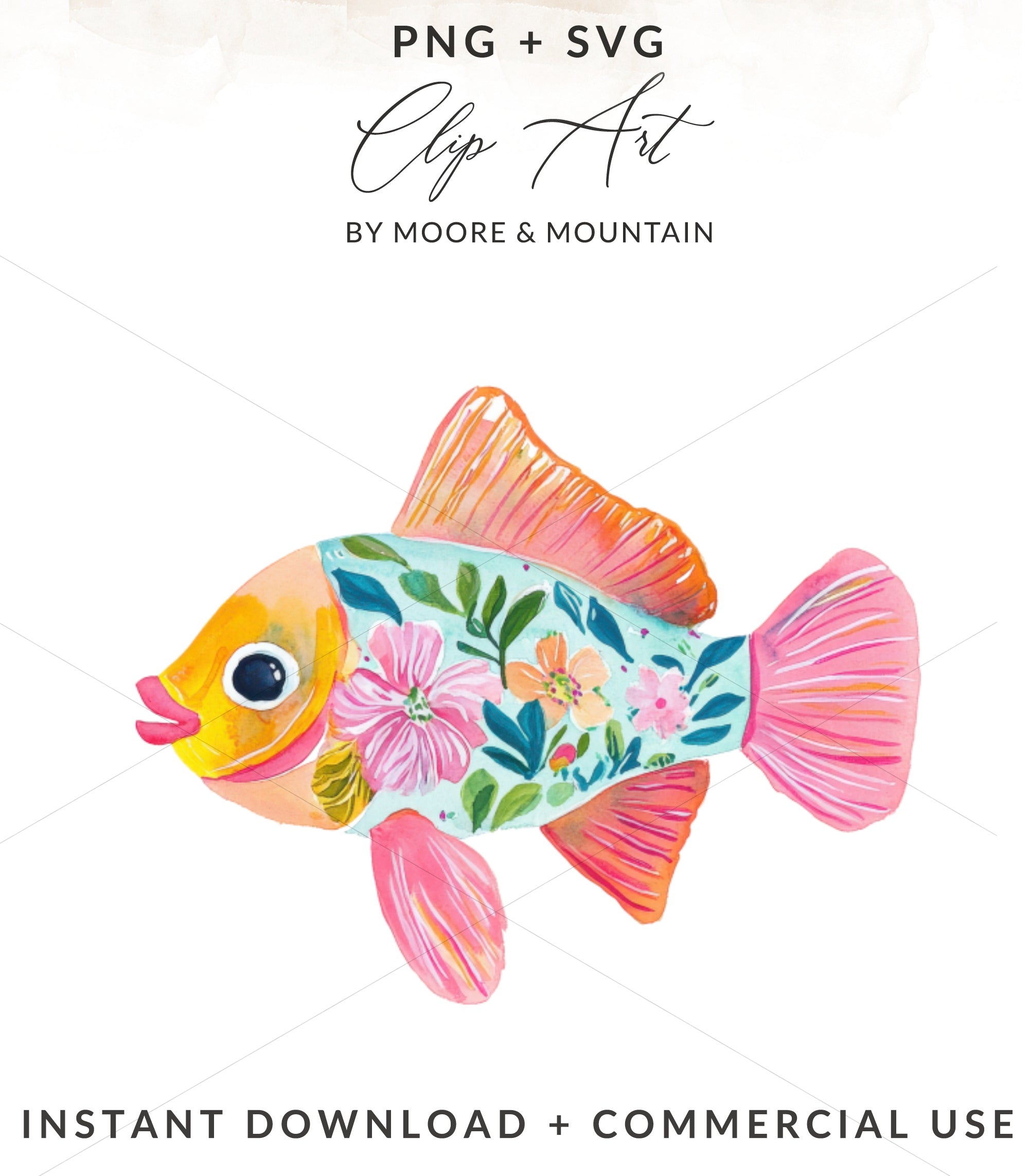 Watercolor clip art of a stylized fish with floral patterns.