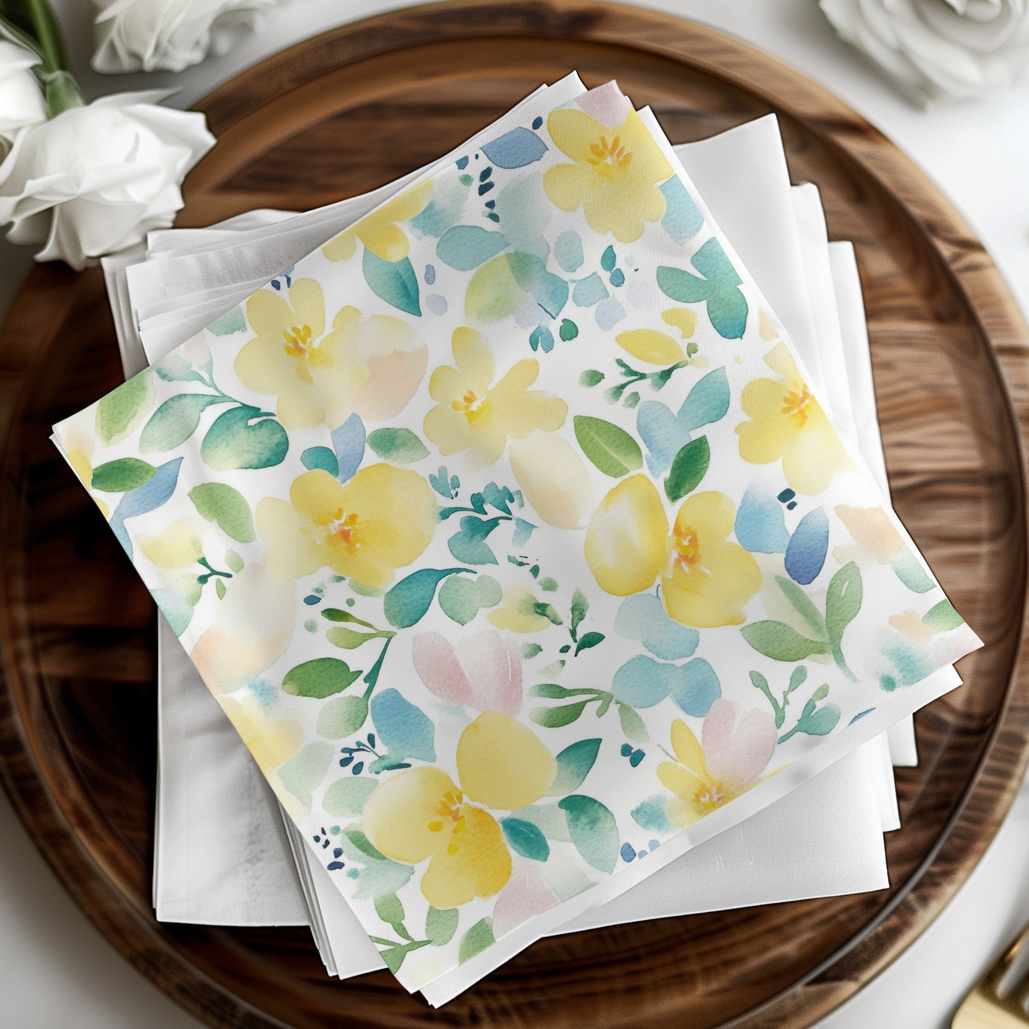 Yellow Blue Floral Pattern Paper Napkins Pack