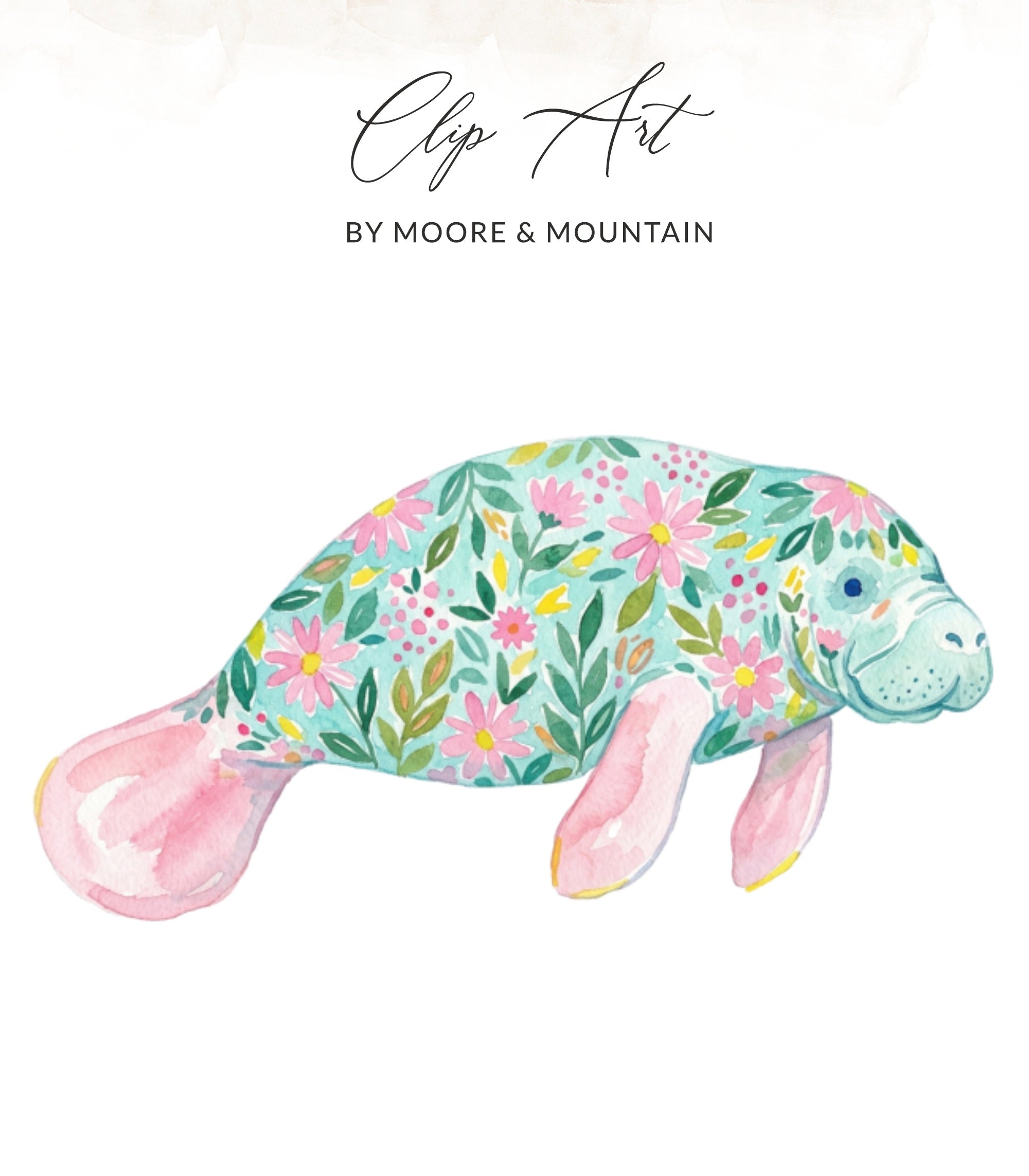 Floral manatee watercolor clip art by Moore & Mountain.