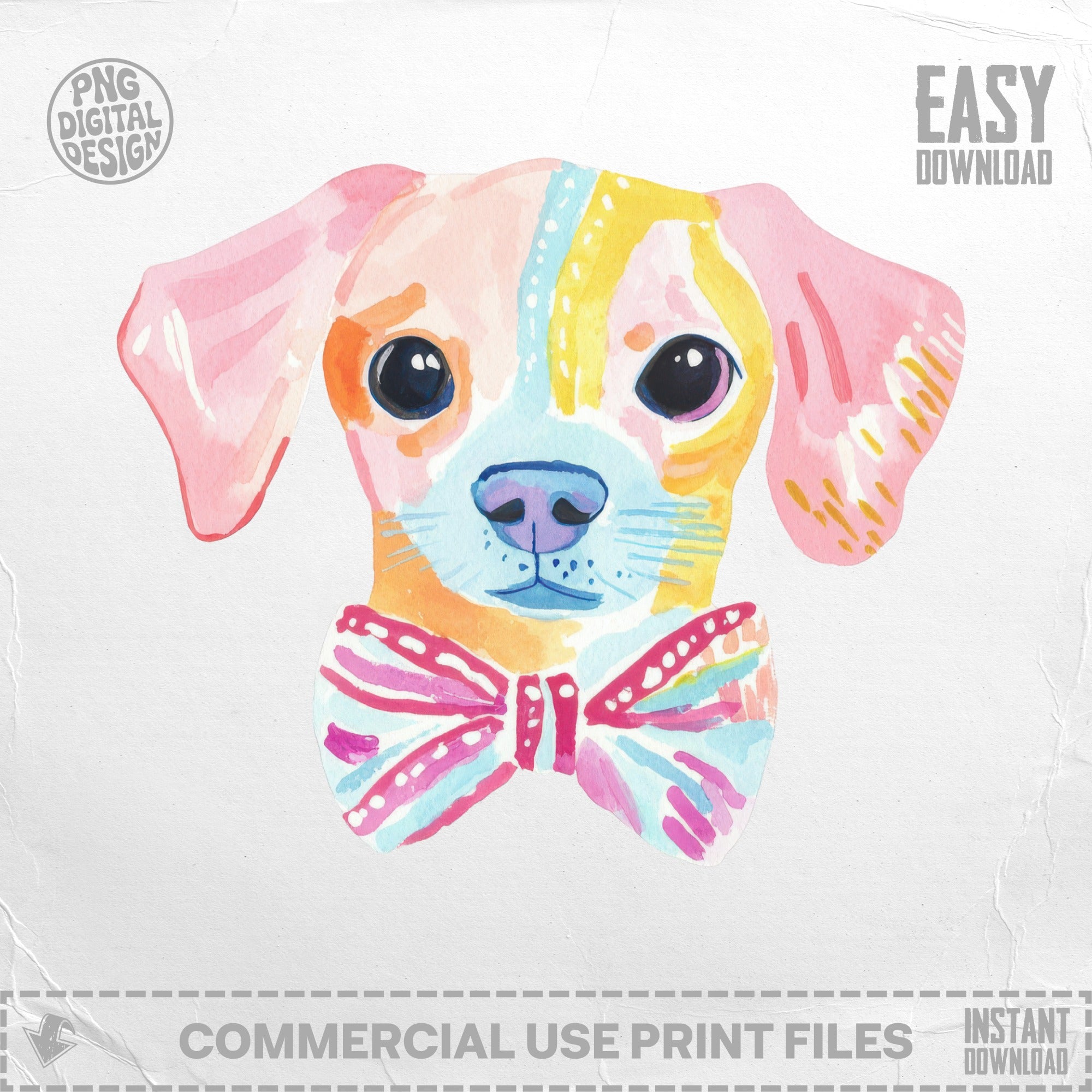Watercolor illustration of a light-colored puppy wearing a pink and blue bow tie.