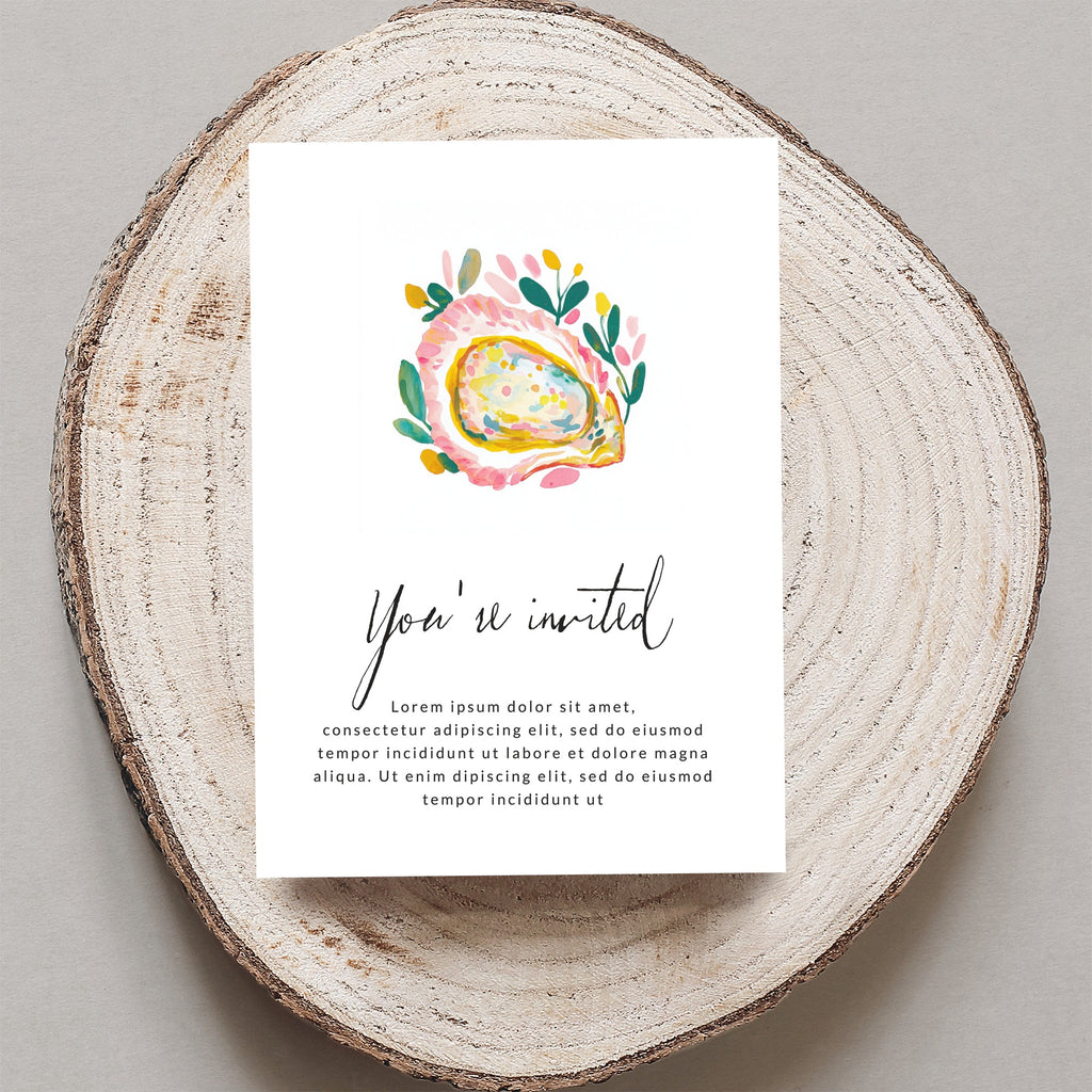 Invitation with "You're invited" and floral oyster illustration.