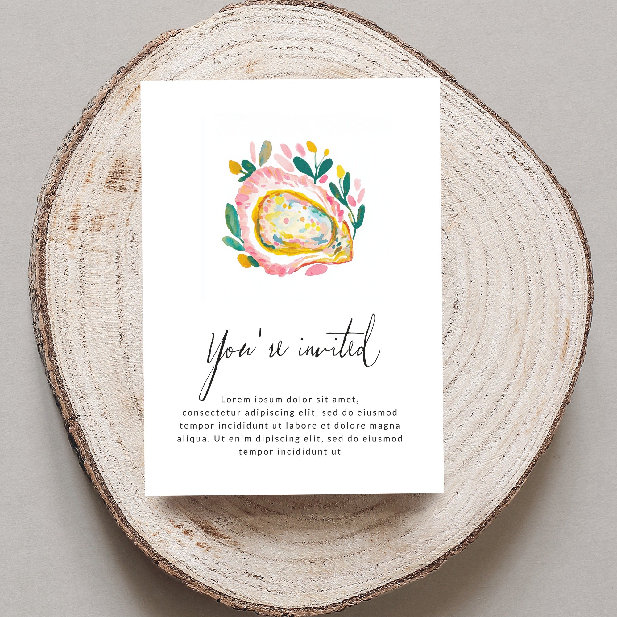 Invitation with "You're invited" and floral oyster illustration.
