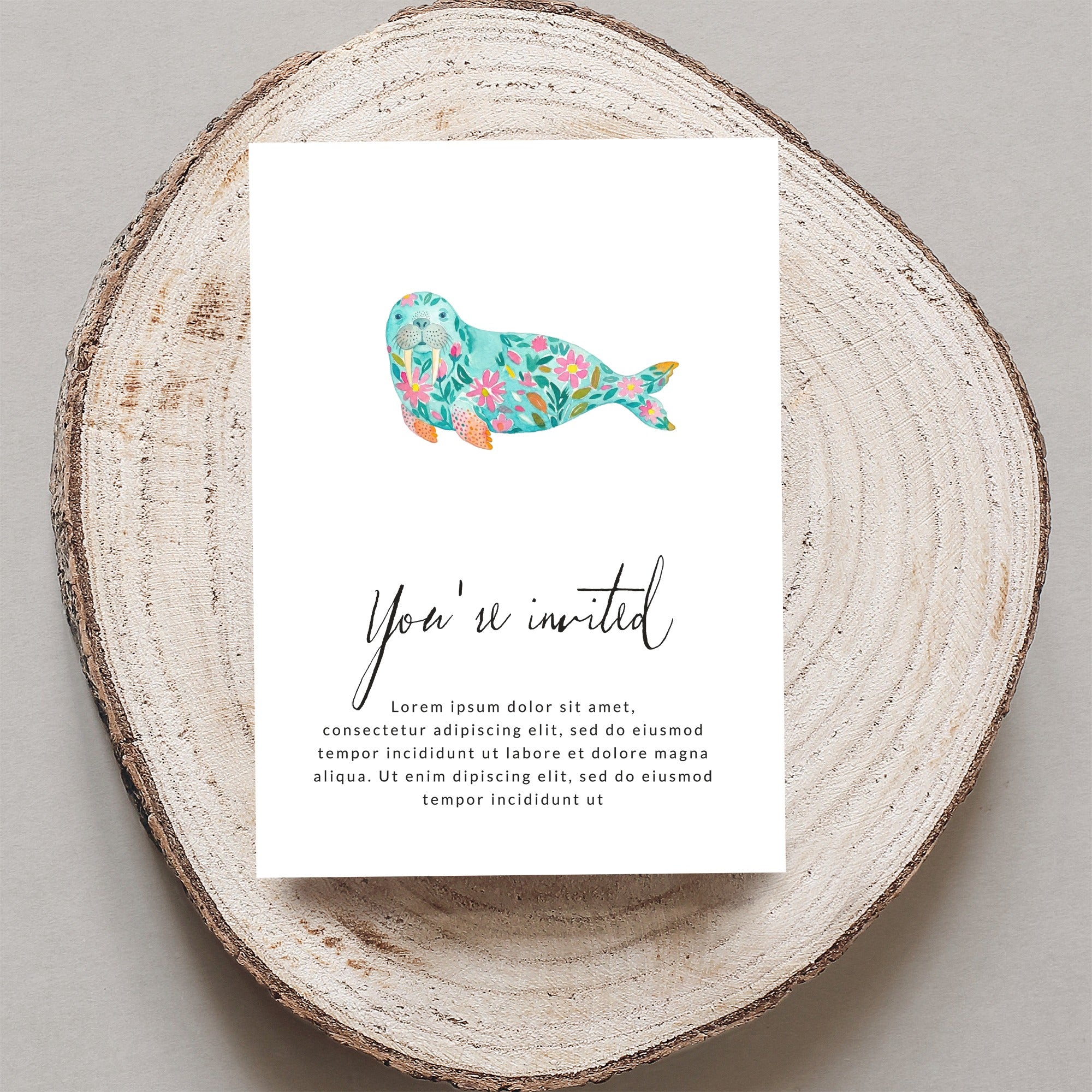 Invitation card with floral seal illustration and "You're invited" text.