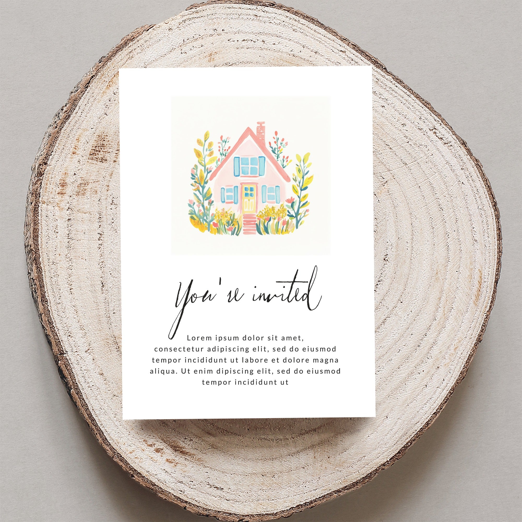 Watercolor illustration of a pink house with yellow flowers on an invitation.