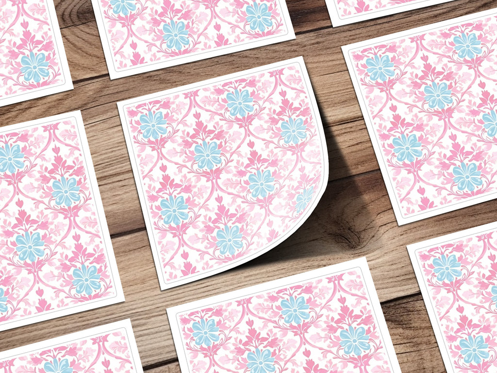 Floral pattern on cards, featuring pink and blue flowers and leaves.