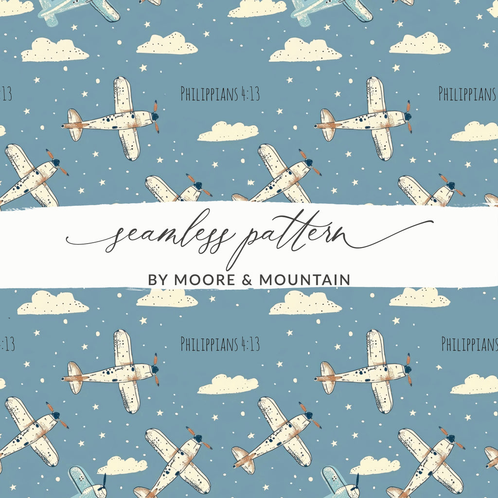 Blue Sky Airplanes Clouds Stars Philippians 4:13 seamless pattern product type