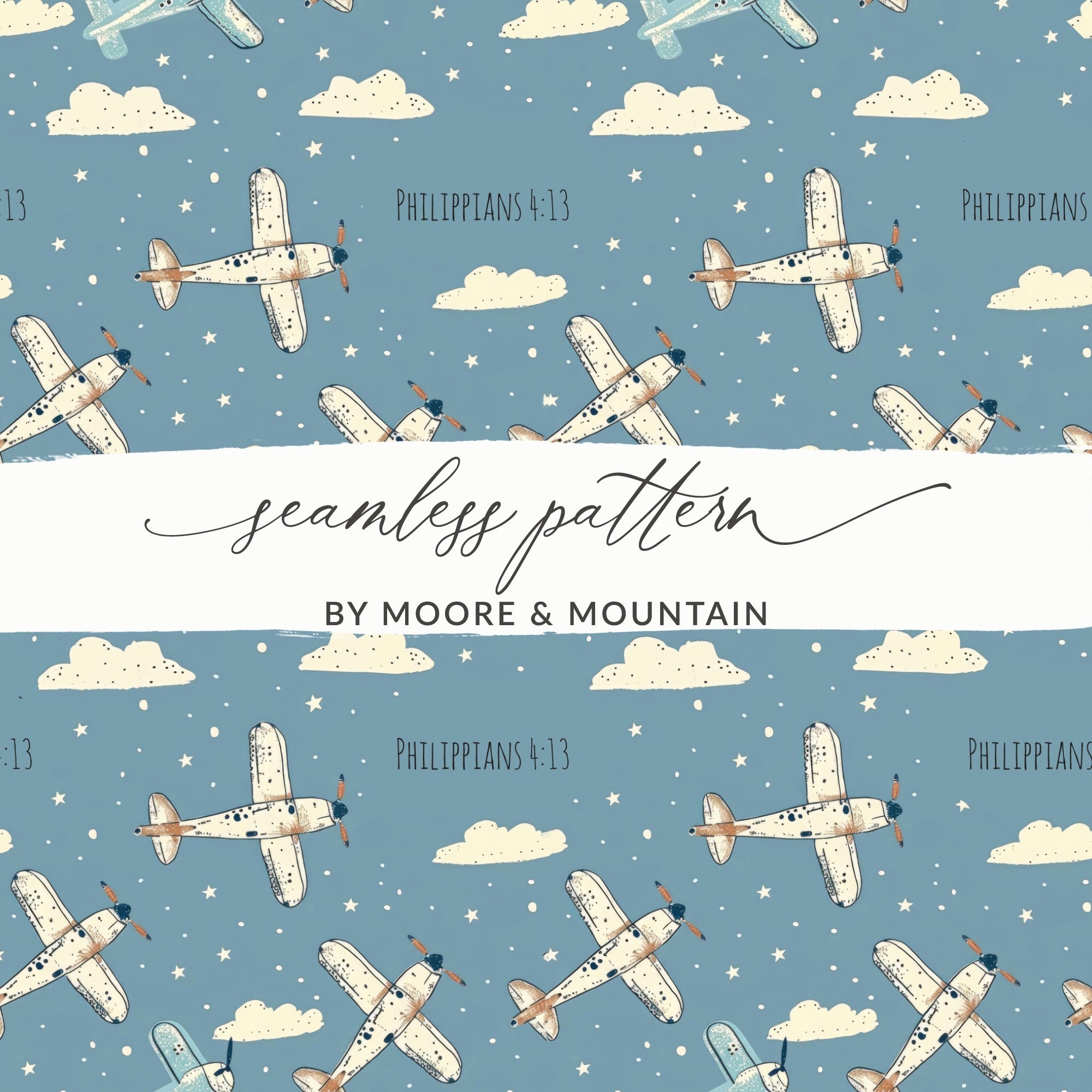 Blue Sky Airplanes Clouds Stars Philippians 4:13 seamless pattern product type