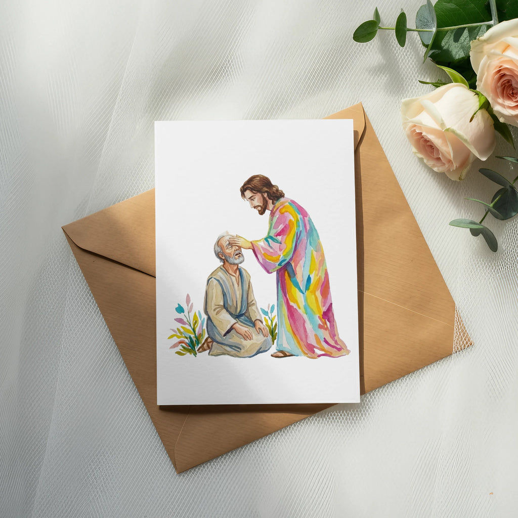 Jesus healing a blind man with colorful robes on a card.