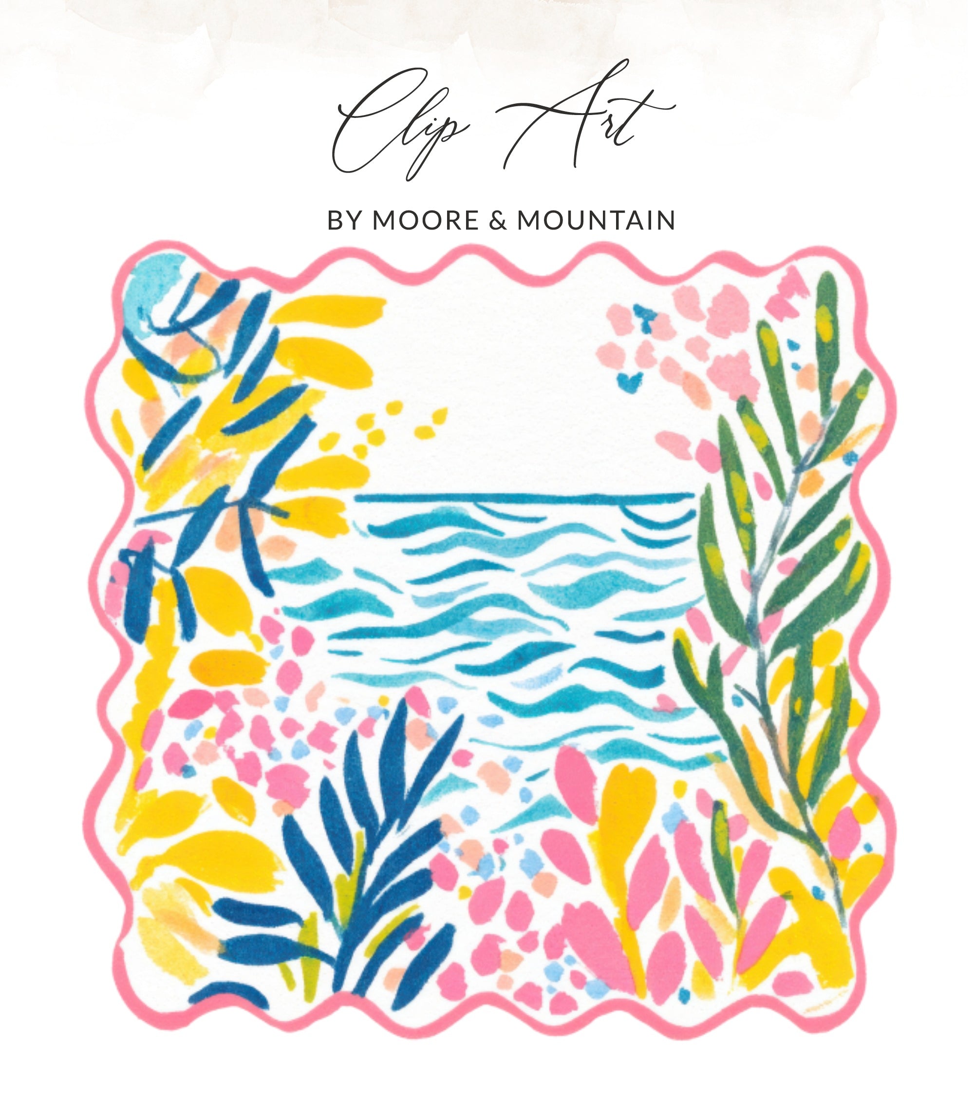 Watercolor illustration of a shoreline with foliage and wavy water.