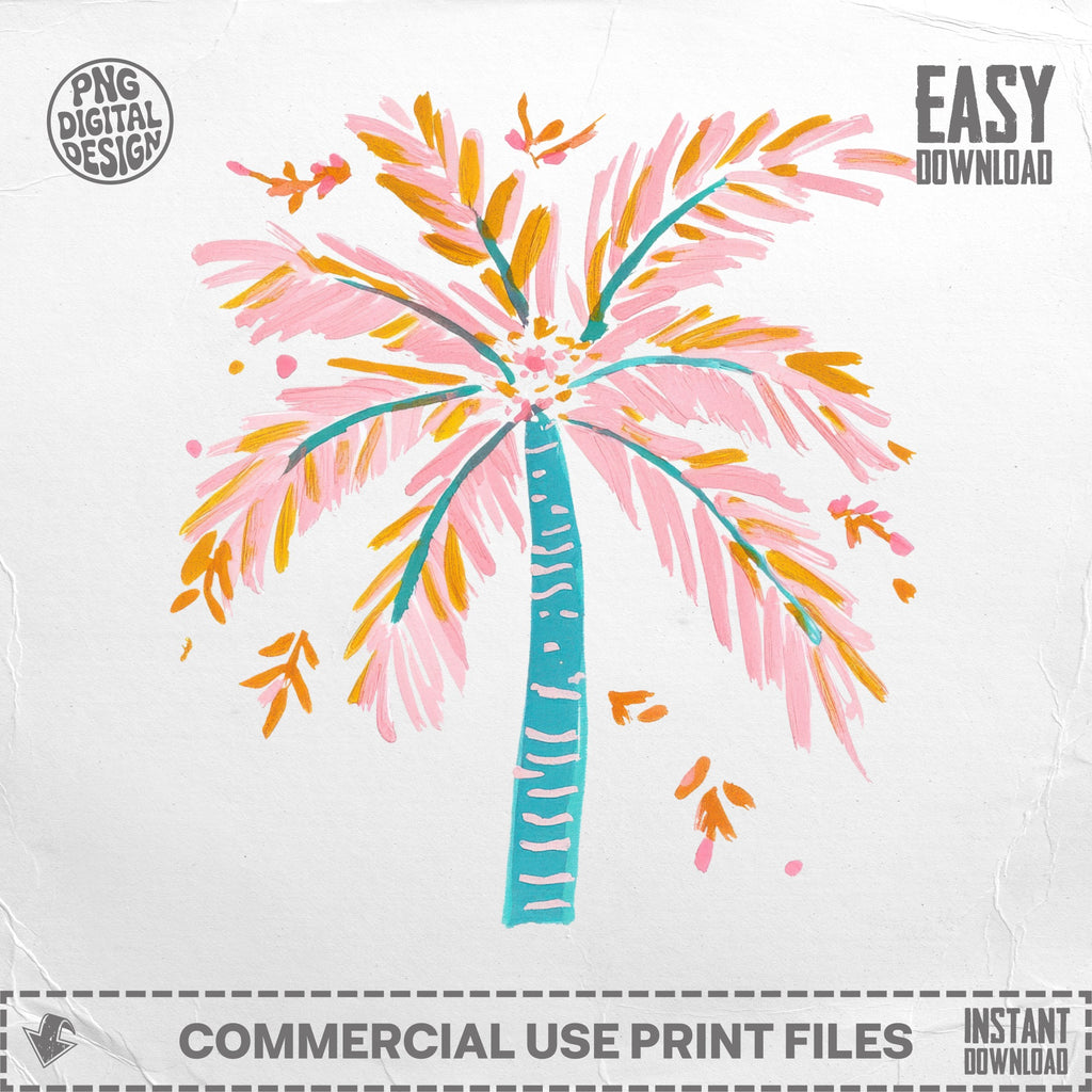 Hand-drawn pink and orange palm tree with teal trunk and text "EASY DOWNLOAD".