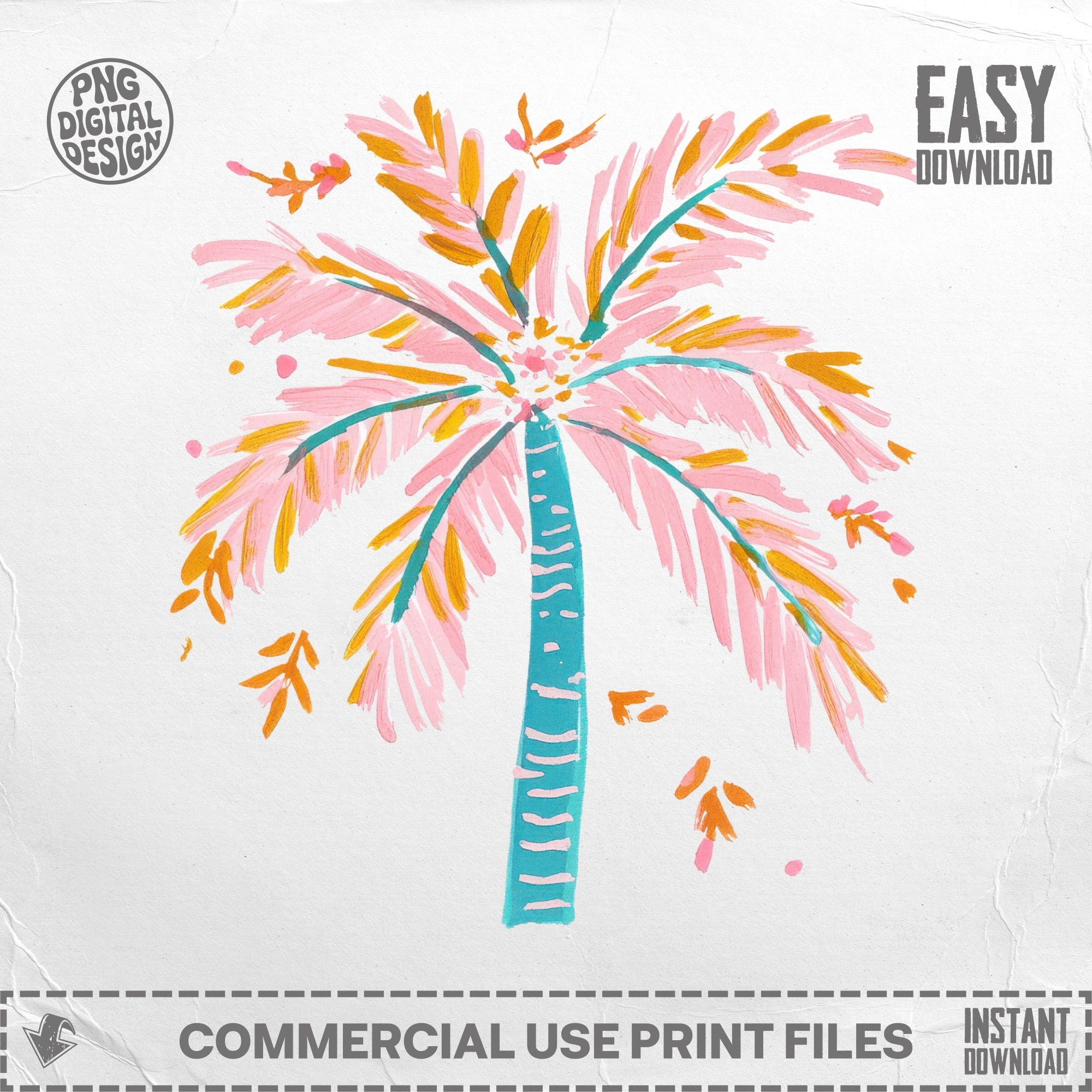 Hand-drawn pink and orange palm tree with teal trunk and text "EASY DOWNLOAD".