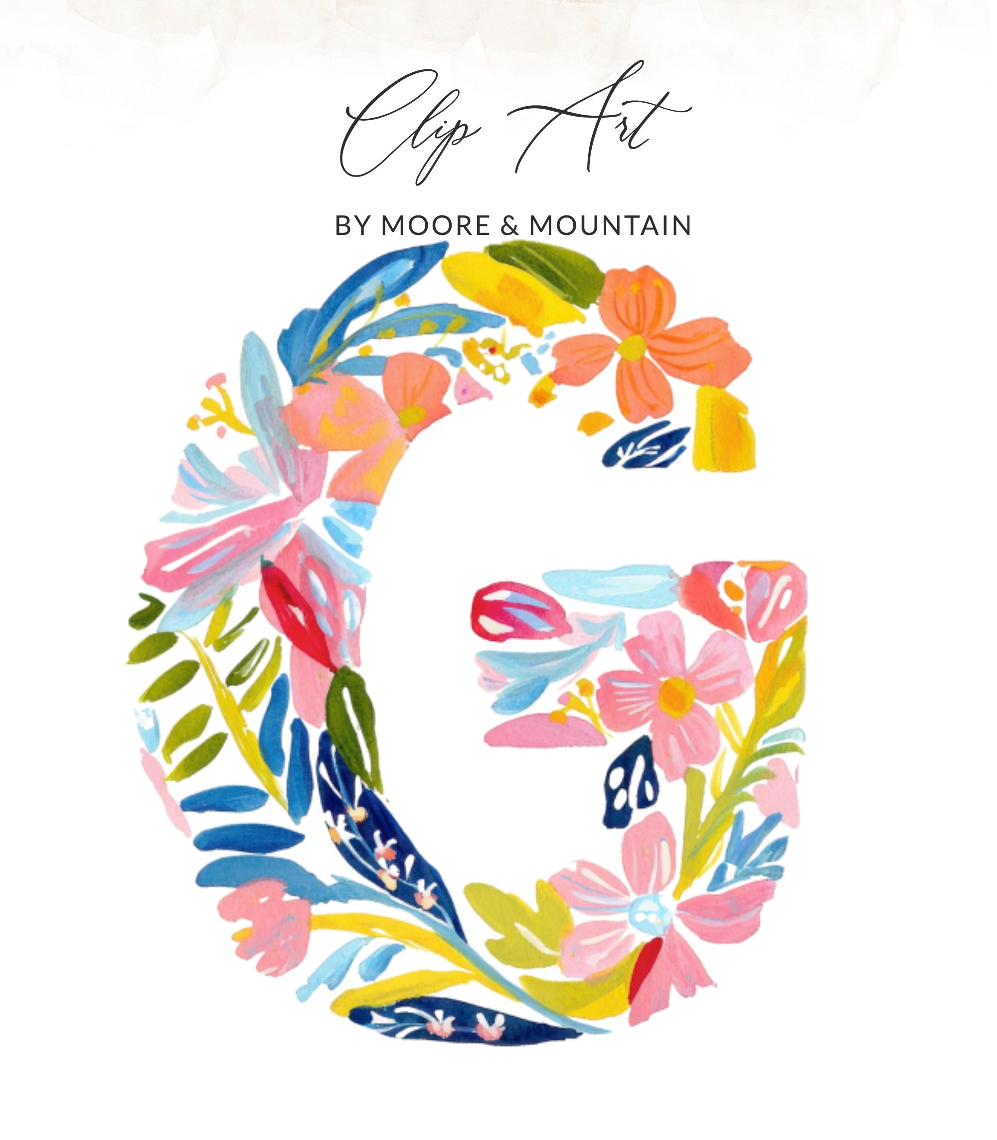 Floral letter G with "Clip Art" and "BY MOORE & MOUNTAIN" text.