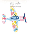 Watercolor airplane with floral patterns and text "Clip Art by Moore & Mountain".