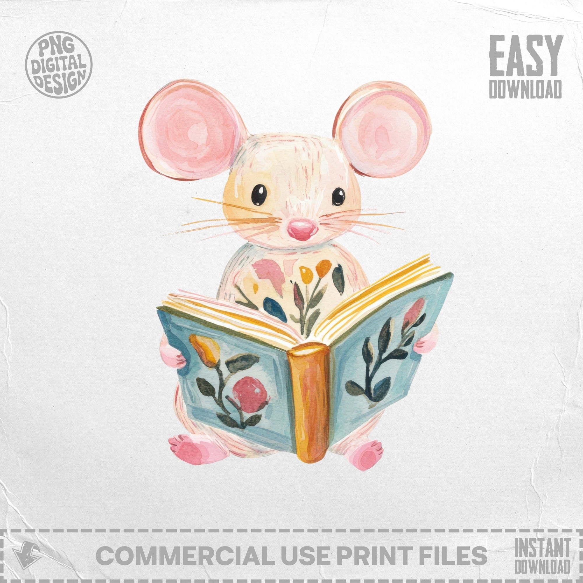 Watercolor illustration of a cute mouse reading an open book with floral designs.