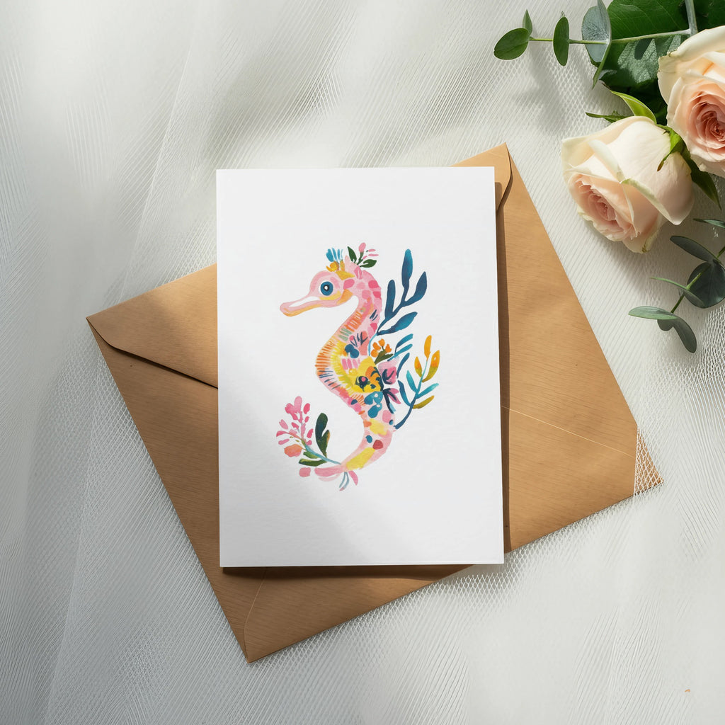 Watercolor seahorse illustration on a card with roses and eucalyptus.