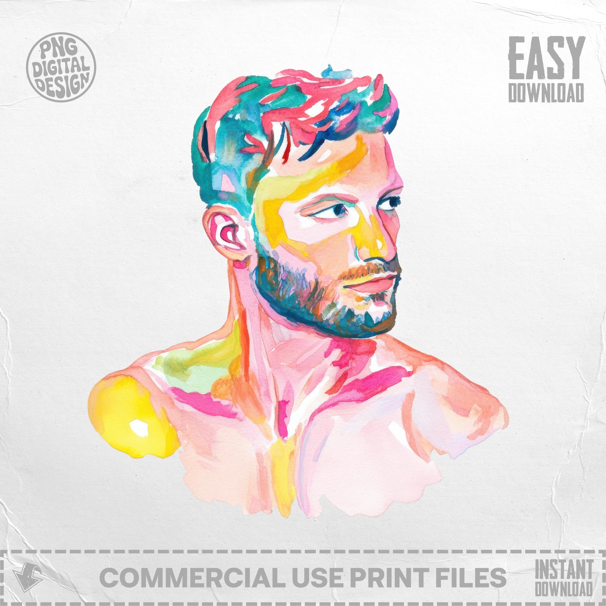 Watercolor bust portrait of a man with vibrant colorful hair and face.