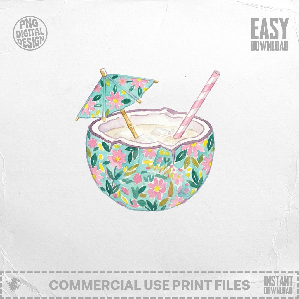 Watercolor coconut drink with floral pattern, umbrella, and straw.