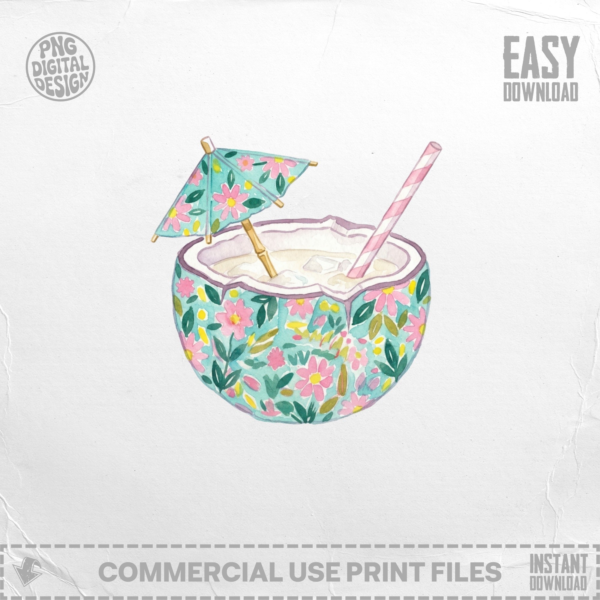 Watercolor coconut drink with floral pattern, umbrella, and straw.