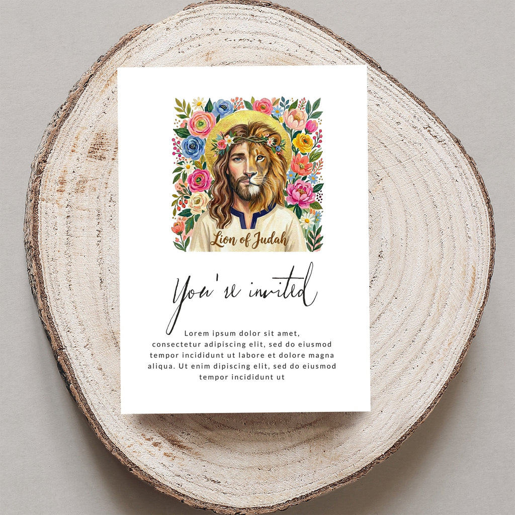 Invitation with "Lion of Judah" and floral wreath, "You're invited" text.