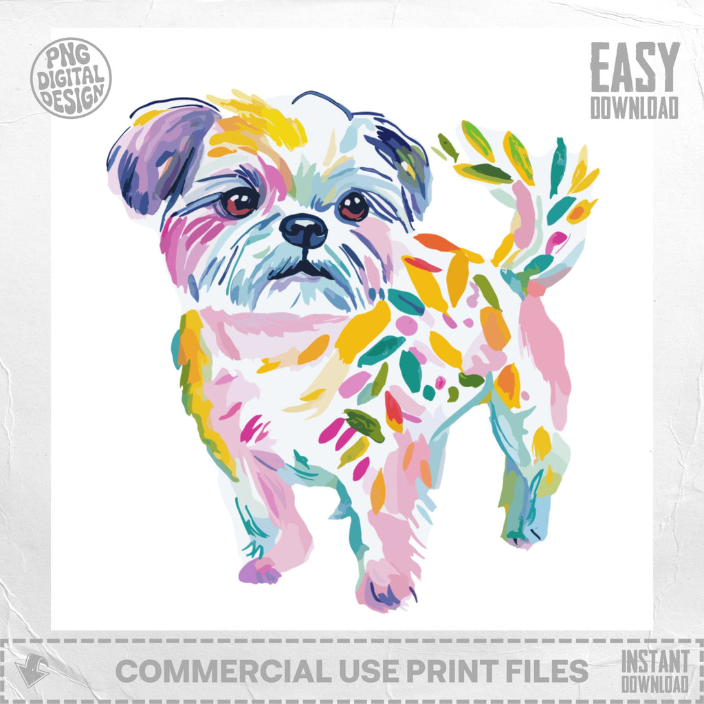 Watercolor Shih Tzu puppy with colorful brushstrokes and leaves.