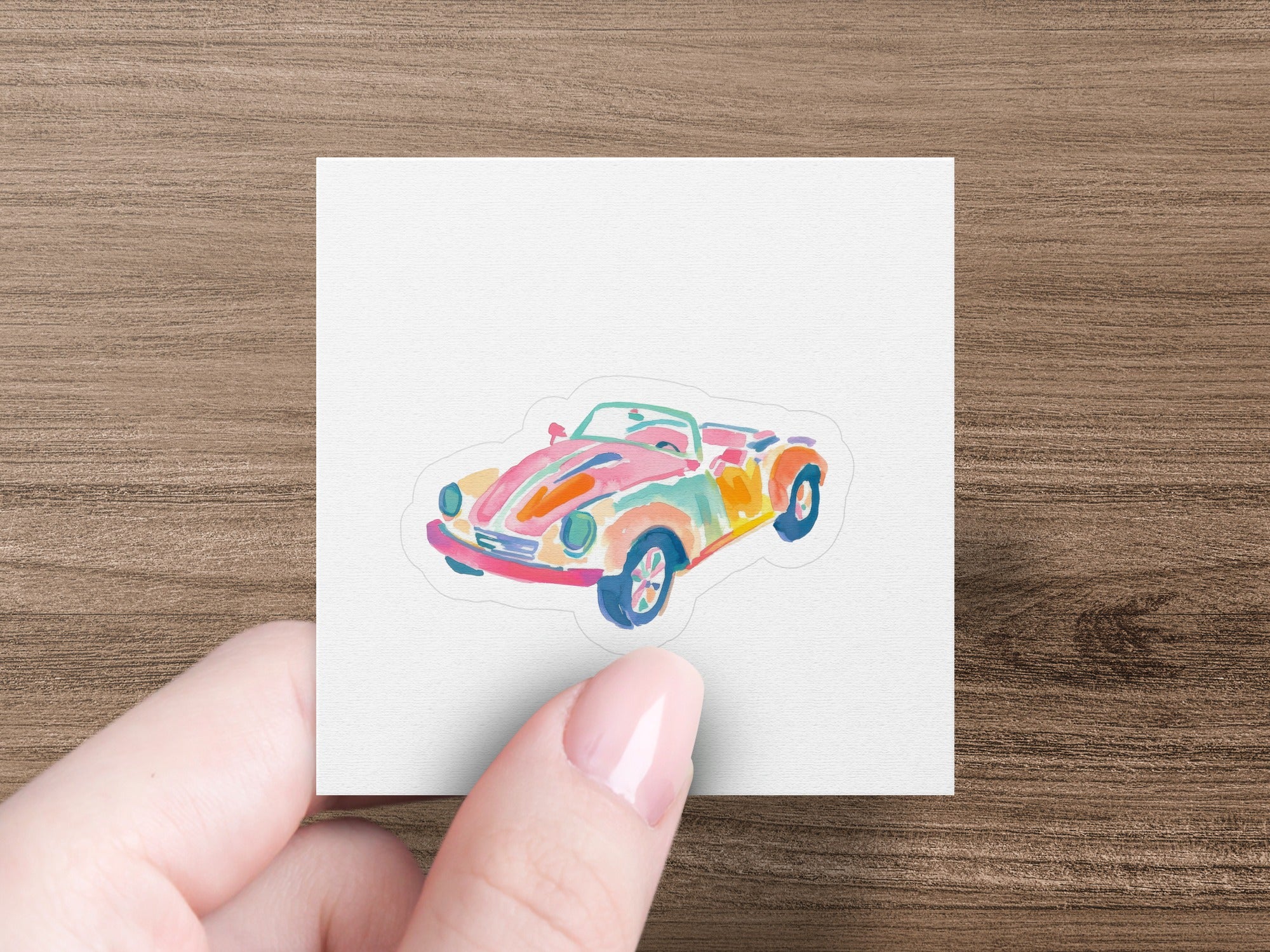 Watercolor painting of a colorful convertible car.