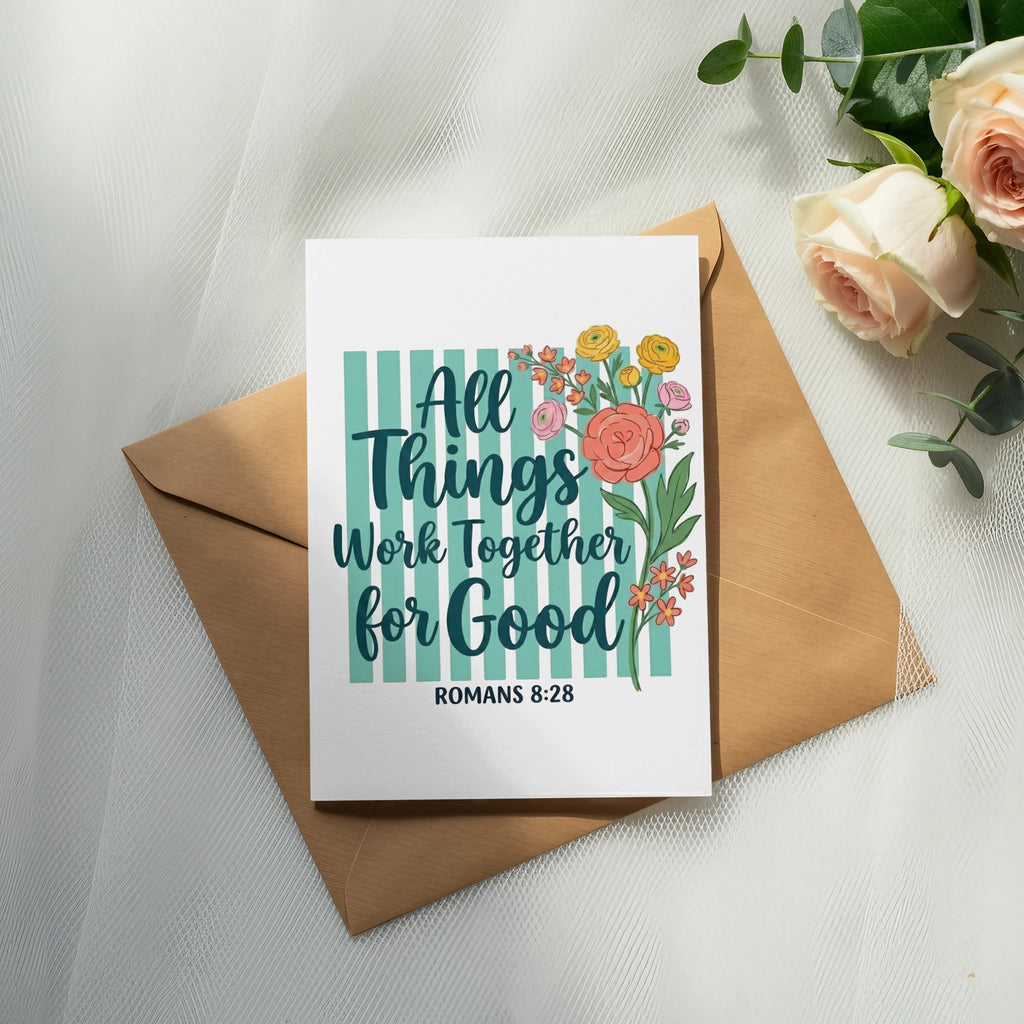 Greeting card with floral design and text "All Things Work Together for Good, Romans 8:28".